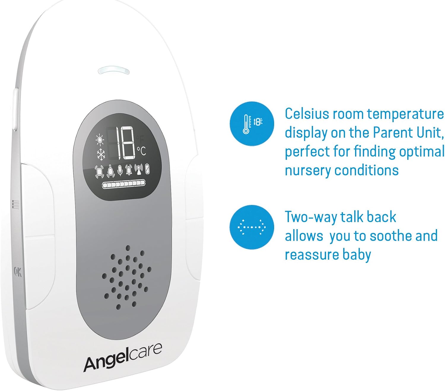 Angelcare Parent Unit displaying 18 degrees Celsius, with icons for temperature and two-way talk back feature.