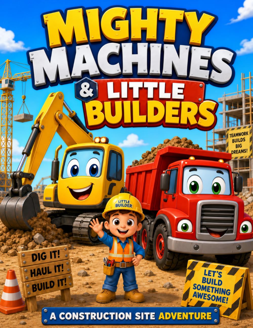 Mighty Machines & Little Builders: A Construction Site Adventure: Cute and Easy Coloring Pages Featuring Bulldozers, Excavators, Dump Trucks, Cranes, and Little Builders for Kids Ages 3-7