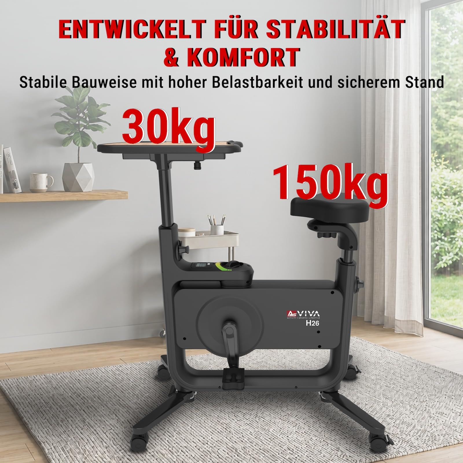 AsVIVA H26 Desk-Bike rower treningowy – rower biurkowy z regulowanym blatem, rower fitness do biura i domu, cichy hamulec magnetyczny, 8 poziomów oporu, komfortowe siodełko 360°, kółka transportowe