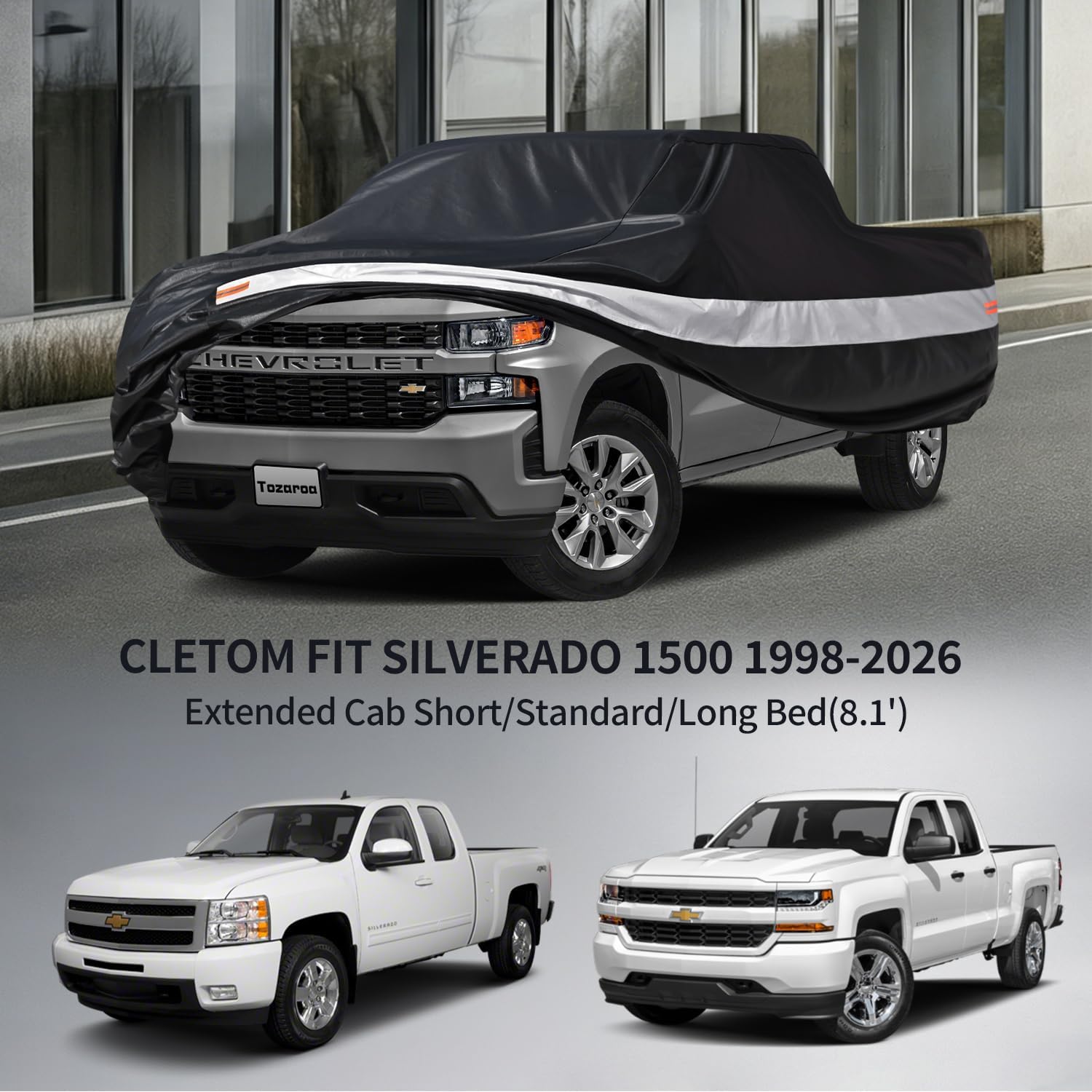 Silverado 1500 Heavy Duty Truck Cover Custom Fit 1998-2026 Extended Short/Long Bed(8.1') with Door Zipper, 10 Layers Pickup Truck Cover Waterproof All Weather, Wind Dust Sun UV Protection.