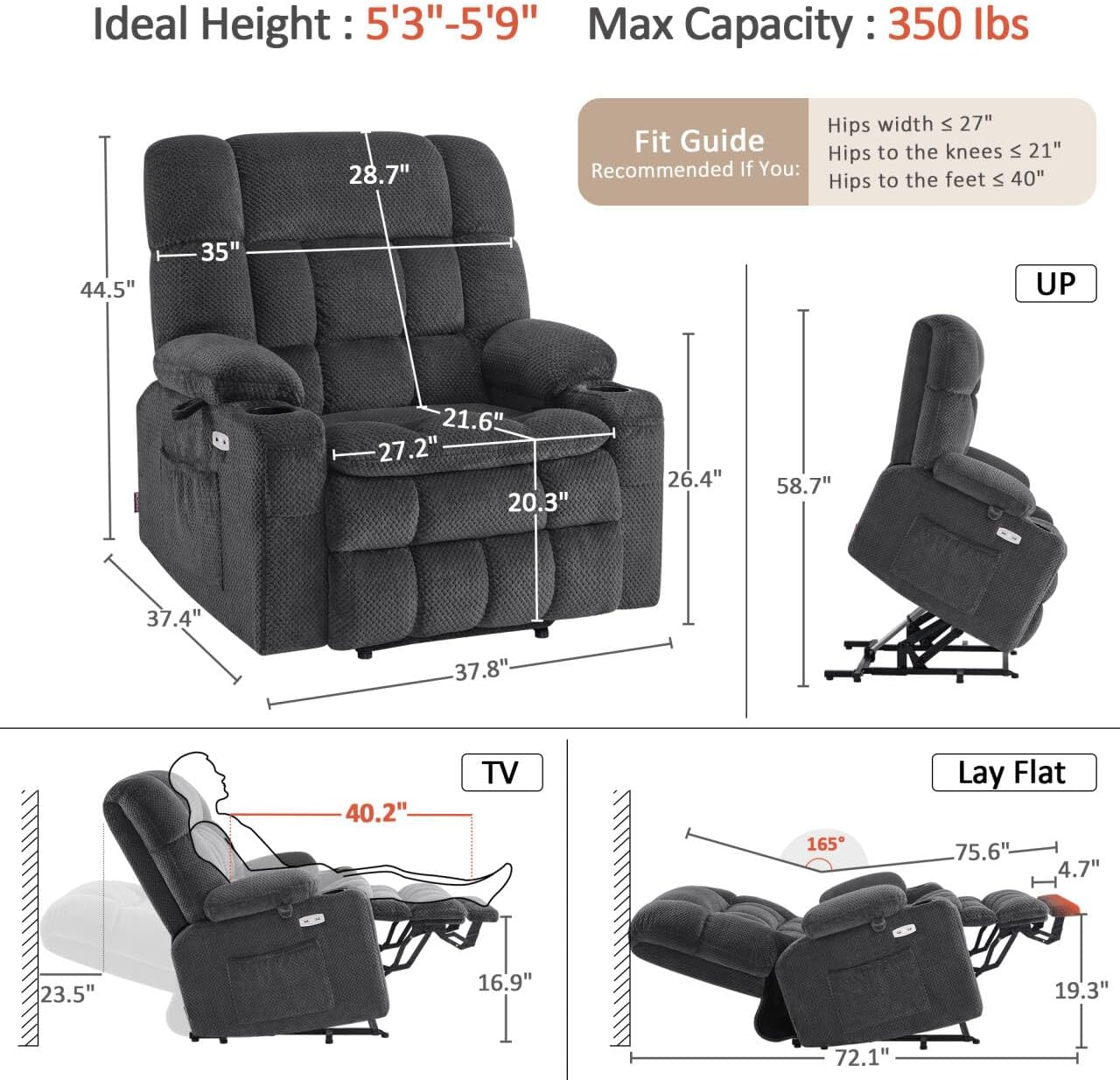 MCombo Dual Motor Power Lift Recliner Chair for Elderly, Lay Flat Lift Chair with Heat and Massage, Extra Wide Lift Recliner for Big People, Cup Holders, Fabric R7897 (Dark Gray, Medium-Wide)