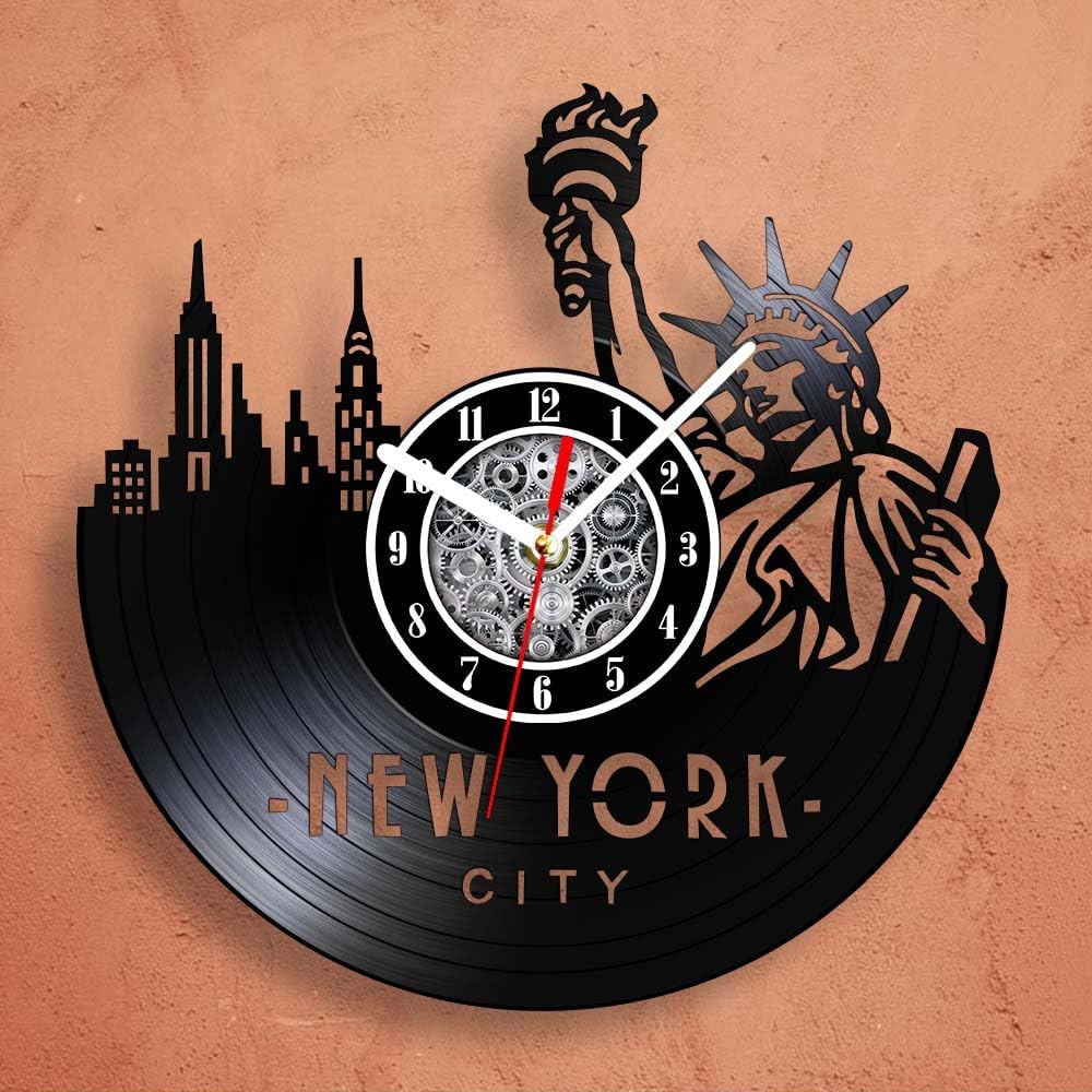 The Geeky Days New York Skyline Vinyl Record Wall Clock Lady Liberty Artwork Carved Music Album Retro Longplay Wall Clock US Cityscape NYC Statue of Liberty Home Decor Silent Non Ticking Timepieces