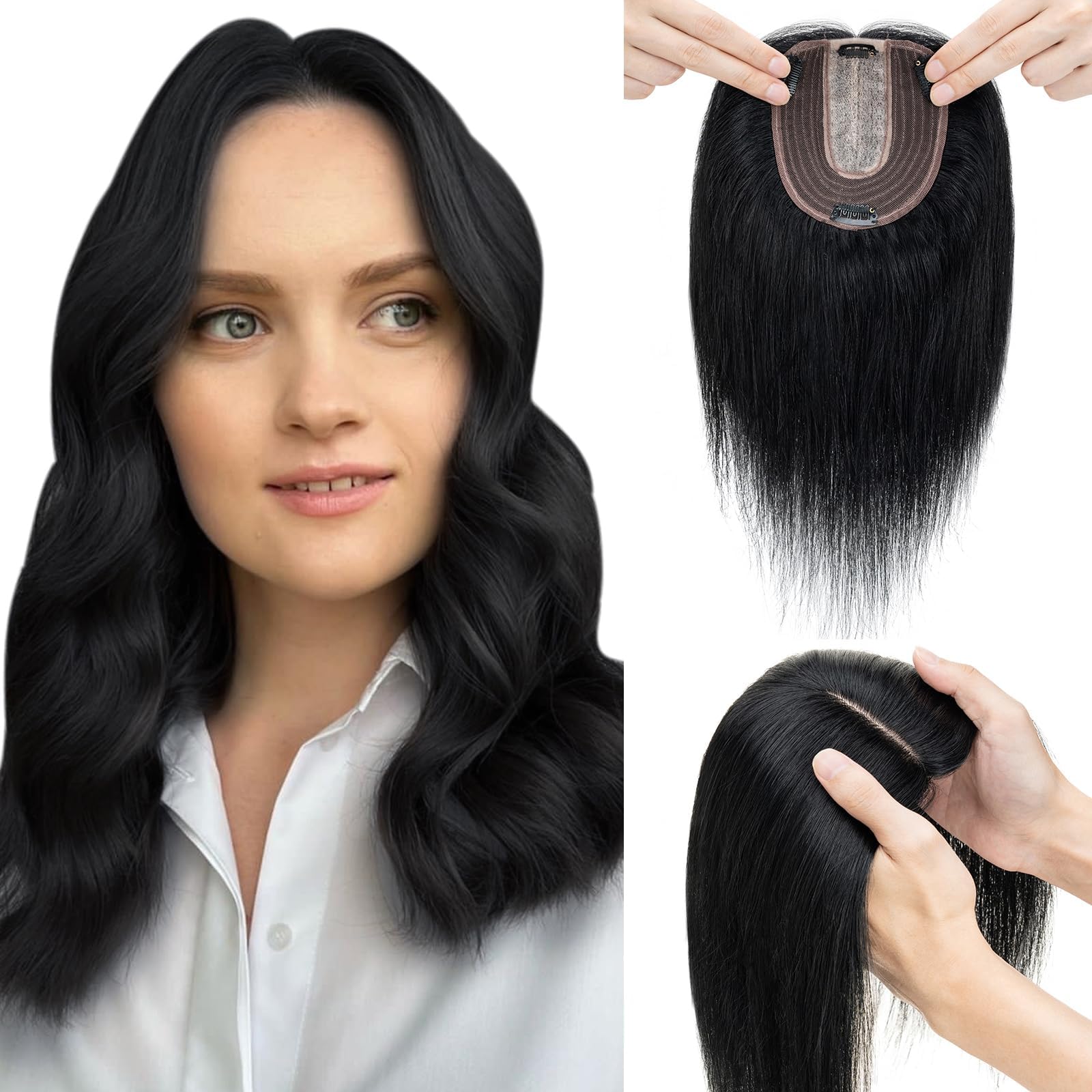 Elailite Hair Toppers for Thinning Hair Women Real Hair - Clip in Toupee Extensions MIDDLE SILK BASE Crown HairPiece (#01 Jet Black, 14 Inch)