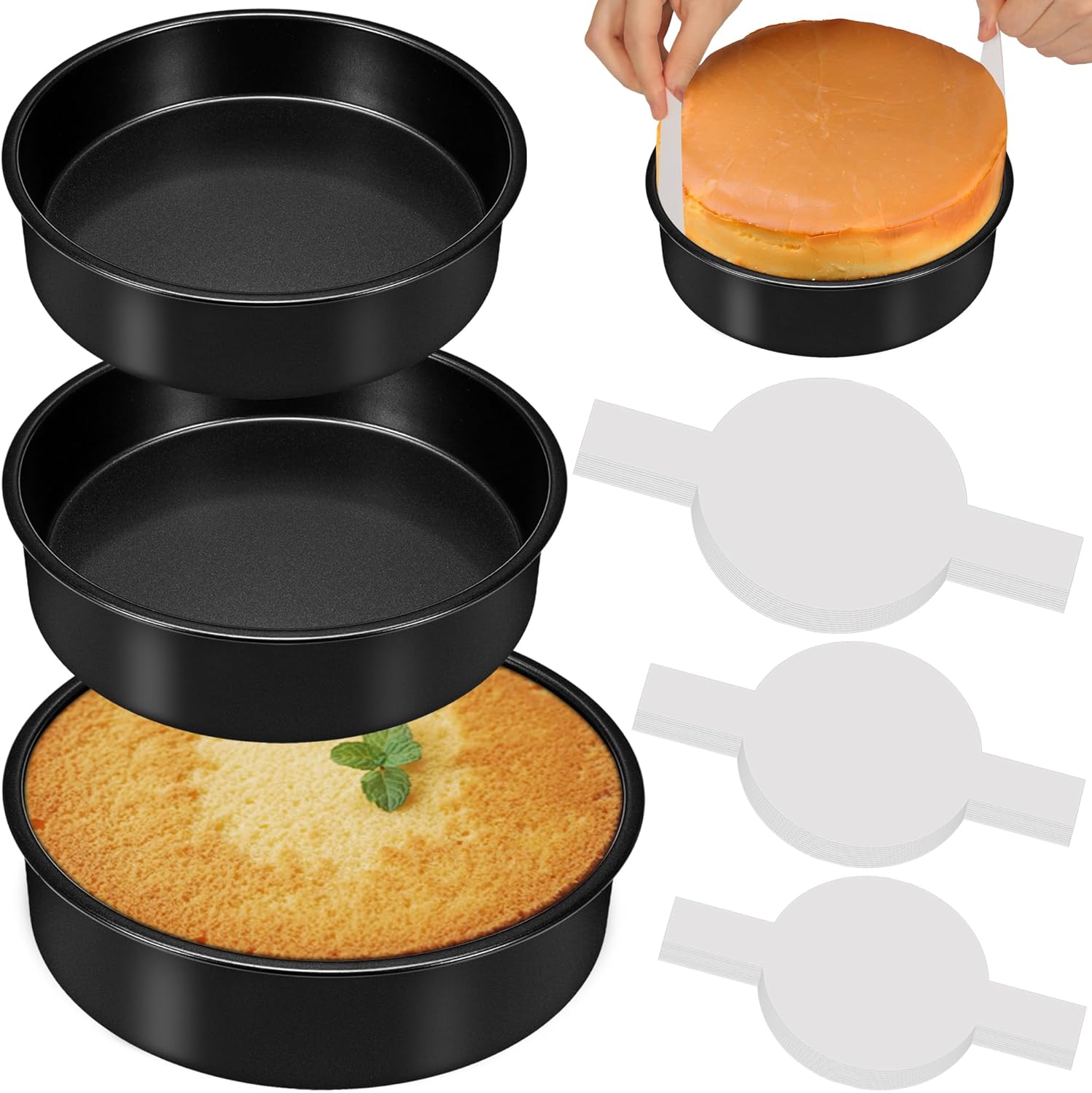 Round Cake Pans Set of 3 (6, 8, 10 Inch), Nonstick Circle Cake Pan with 90PCS Parchment Paper for Layer Cakes Deep-Dish Pizza Tart, Baking Pans Set for Christmas Birthday Thanksgiving, Dishwasher Safe