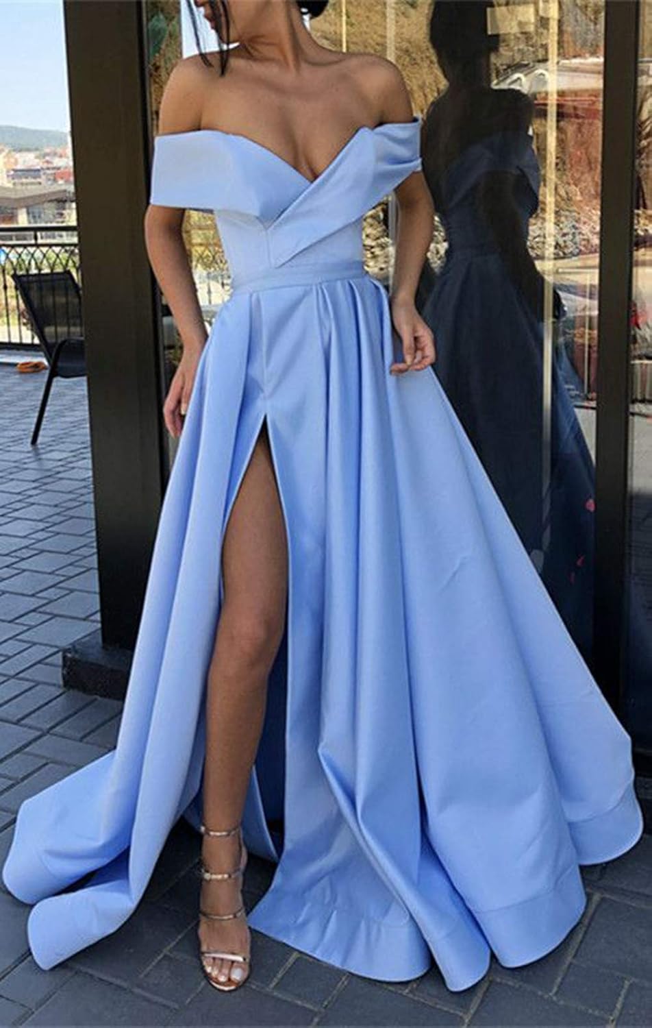 Women's Off Shoulder High Slit Long Prom Evening Dress with Pockets