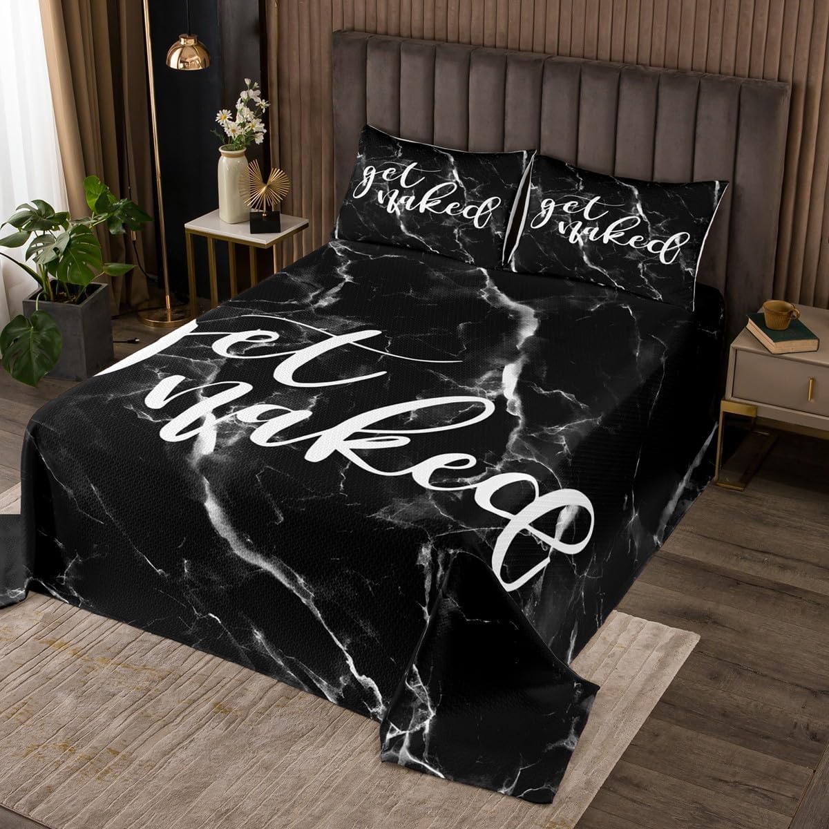 Feelyou Black White Marble Bedspread for Kids Boys Girls Women Men Get Naked Coverlet Twin Size Funny Quote Quilt Set Room Decor Simple Modern Abstract Quilted Bedroom Collection 2Pcs