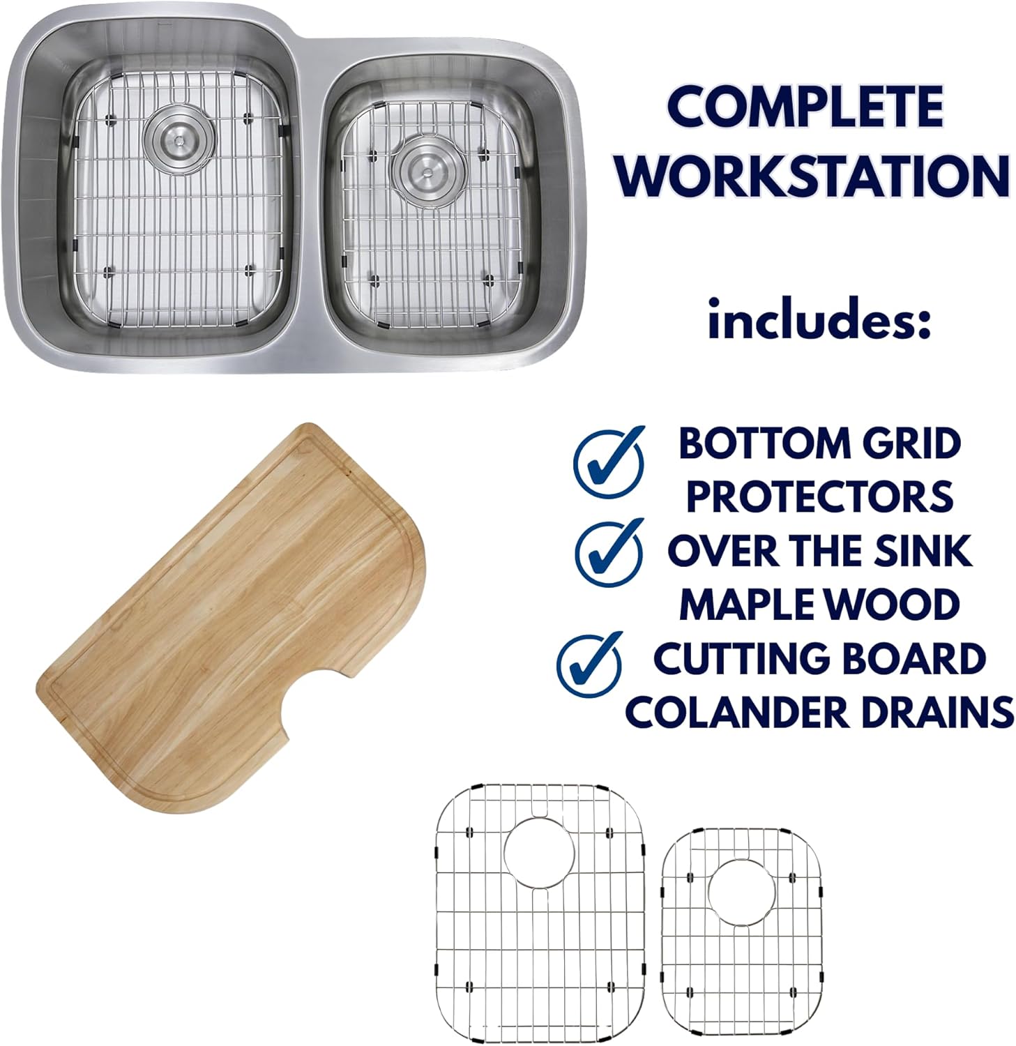 Nantucket Sinks 60/40 Double Bowl Kitchen Workstation Sink – Stainless Steel Sink, with Maple Wood Cutting Board, Bottom Grids and Colander Drains, 16 Gauge 304 Steel, Satin Finish NS503-16-CB