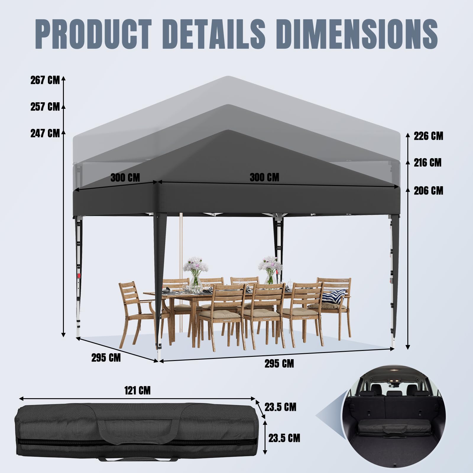 JUMMICO Tonnelle Pavillon Pliable 3x3m à Montage Rapide｜Assemblage en 5 Minutes｜Hauteur Réglable & 10cm Plus Haut｜Stable au Vent & Imperméable｜pour Jardin, Camping & Fêtes Gris