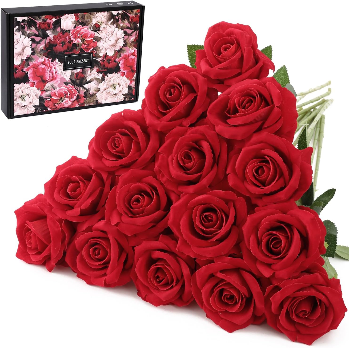 15Pcs Red Roses Artificial Flowers Fake Roses Long Stem Velet Rose Silk Flowers for Home Wedding Decoration (Round Roses,Red)