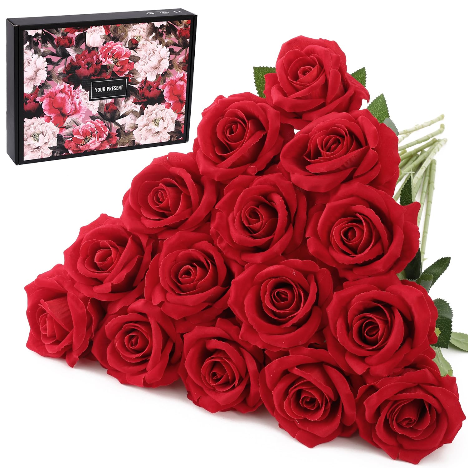 15Pcs Red Roses Artificial Flowers Fake Roses Long Stem Velet Rose Silk Flowers for Home Wedding Decoration (Round Roses,Red)