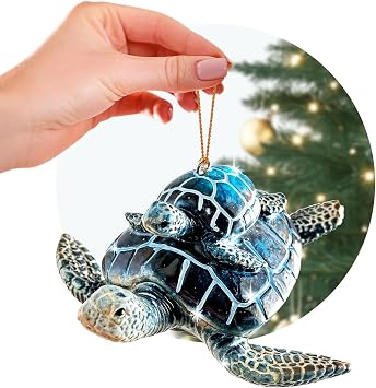 Rengora Blue Sea Turtle Mother and Baby Christmas Ornament, Hand-Painted | Hand-painted resin, gift-boxed, coastal Christmas decor, keepsake for beach trips, ocean lovers, families and collectors