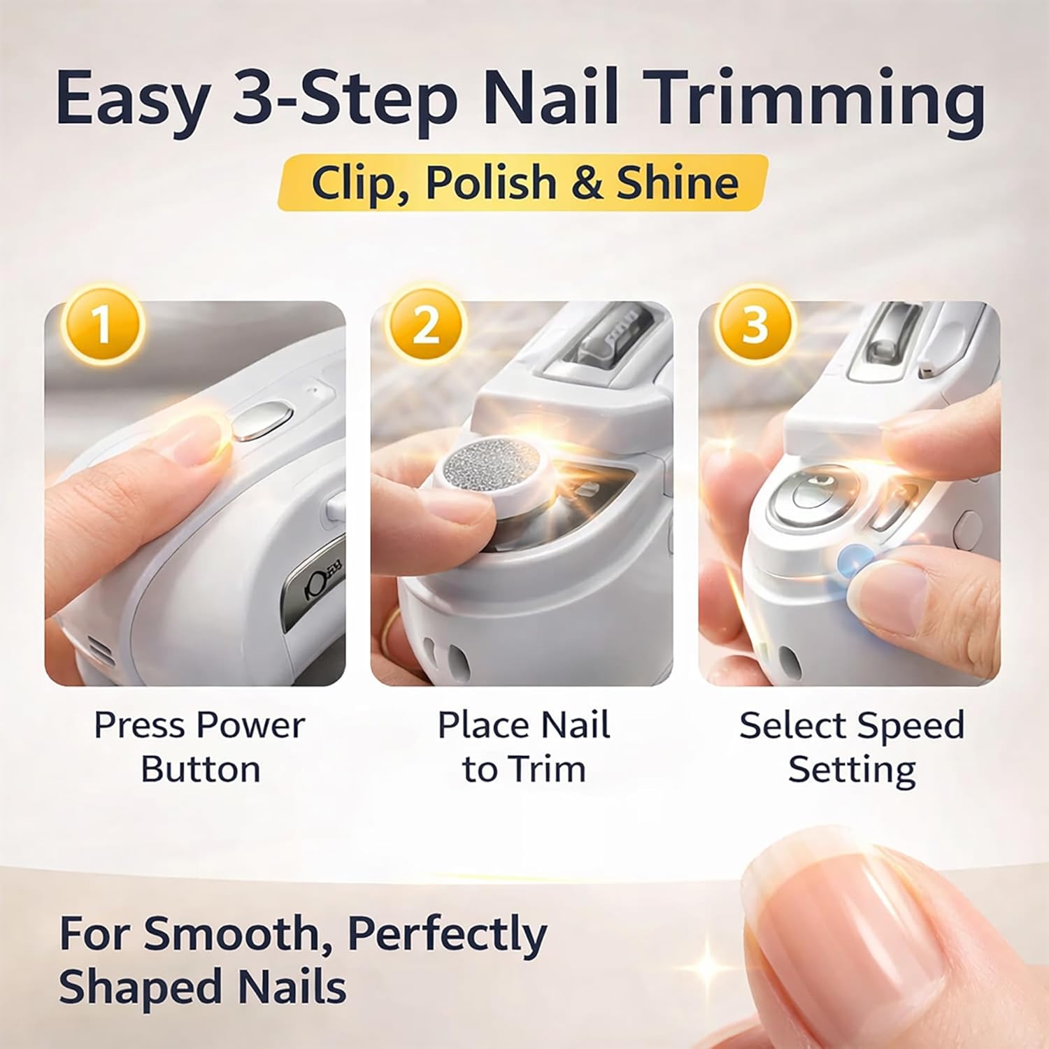 Electric Nail Clipper for Thick Nails, 2-in-1 Automatic Nail Trimmer & Polisher, 2-Speed Rechargeable Nail Clippers, Safe for Seniors & Adults, Built-in LED Light & Clipping Storage (White)