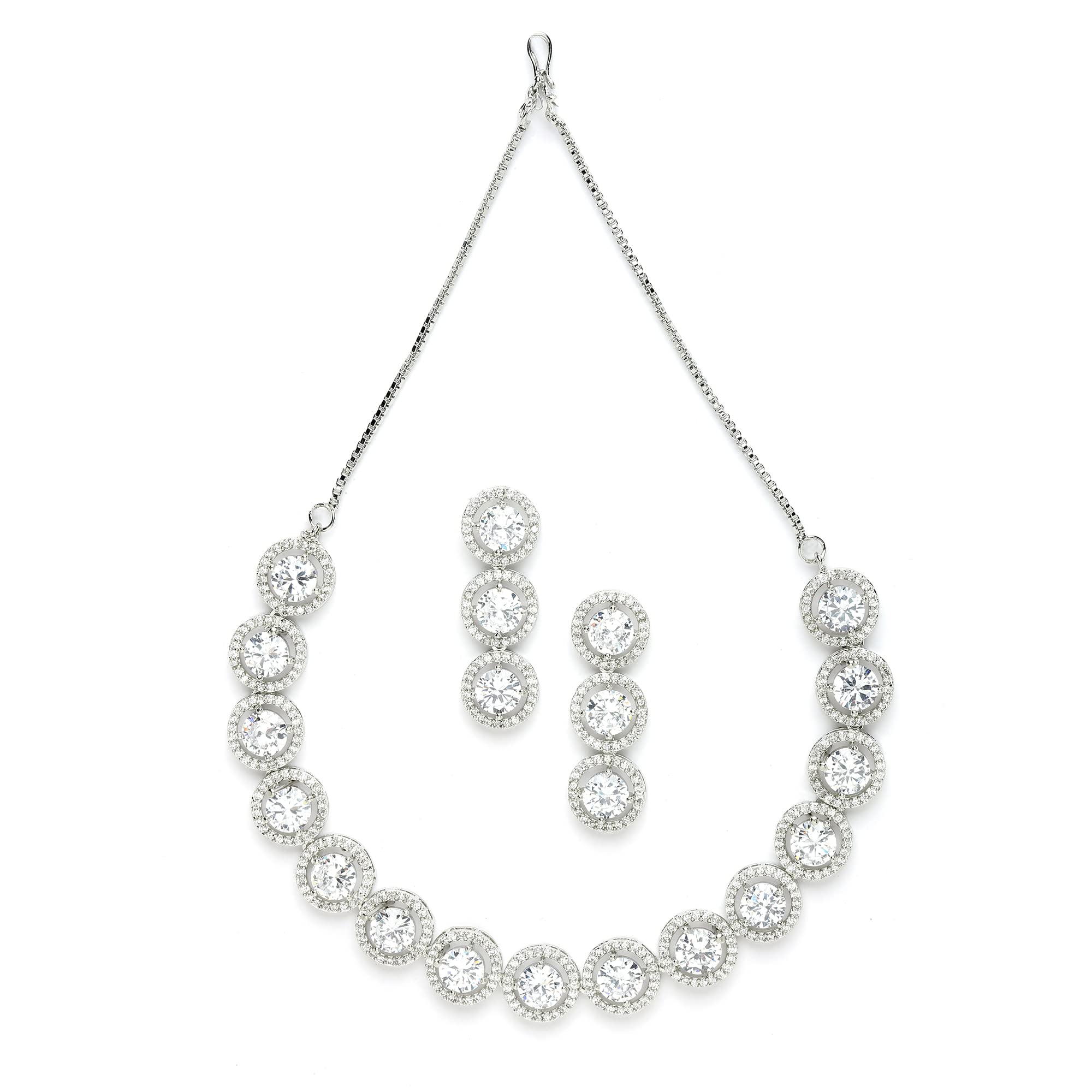 Rhodium-Plated with Silver-Toned Circular Shape White American Diamond Studded Jewellery Set
