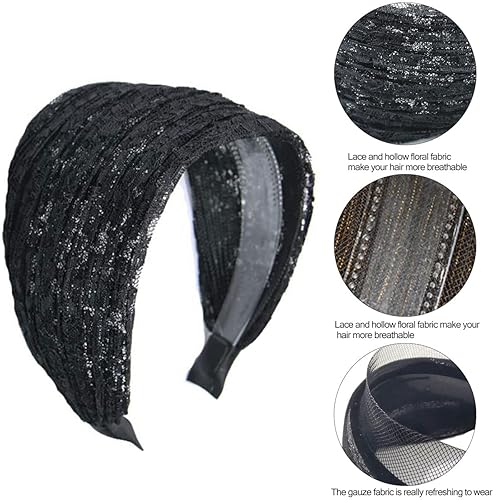 Miniatura 3 de FZBNSRKO Aro ancho para el cabello, 3 piezas de diadema ancha antideslizante con dientes para mujer, elegante diadema ancha de encaje, diadema hueca