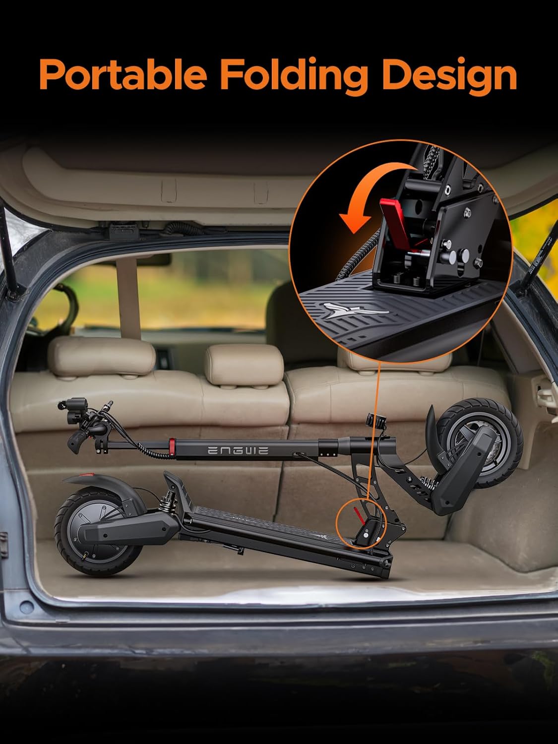 ENGWE Y400 scooter folded and stored in a car trunk