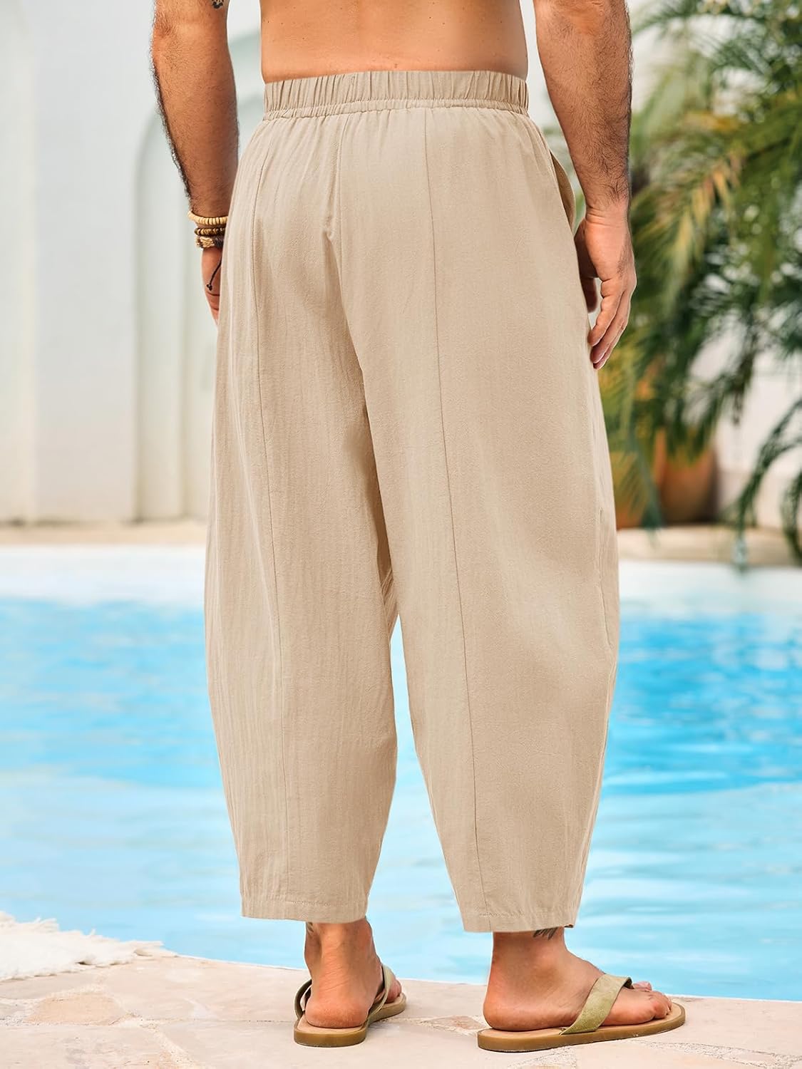 Runcati Mens Harem Pants Casual Elastic Waist Drawstring Cotton Cropped Pants Baggy Hippie Boho Beach Yoga Trousers - Image 3