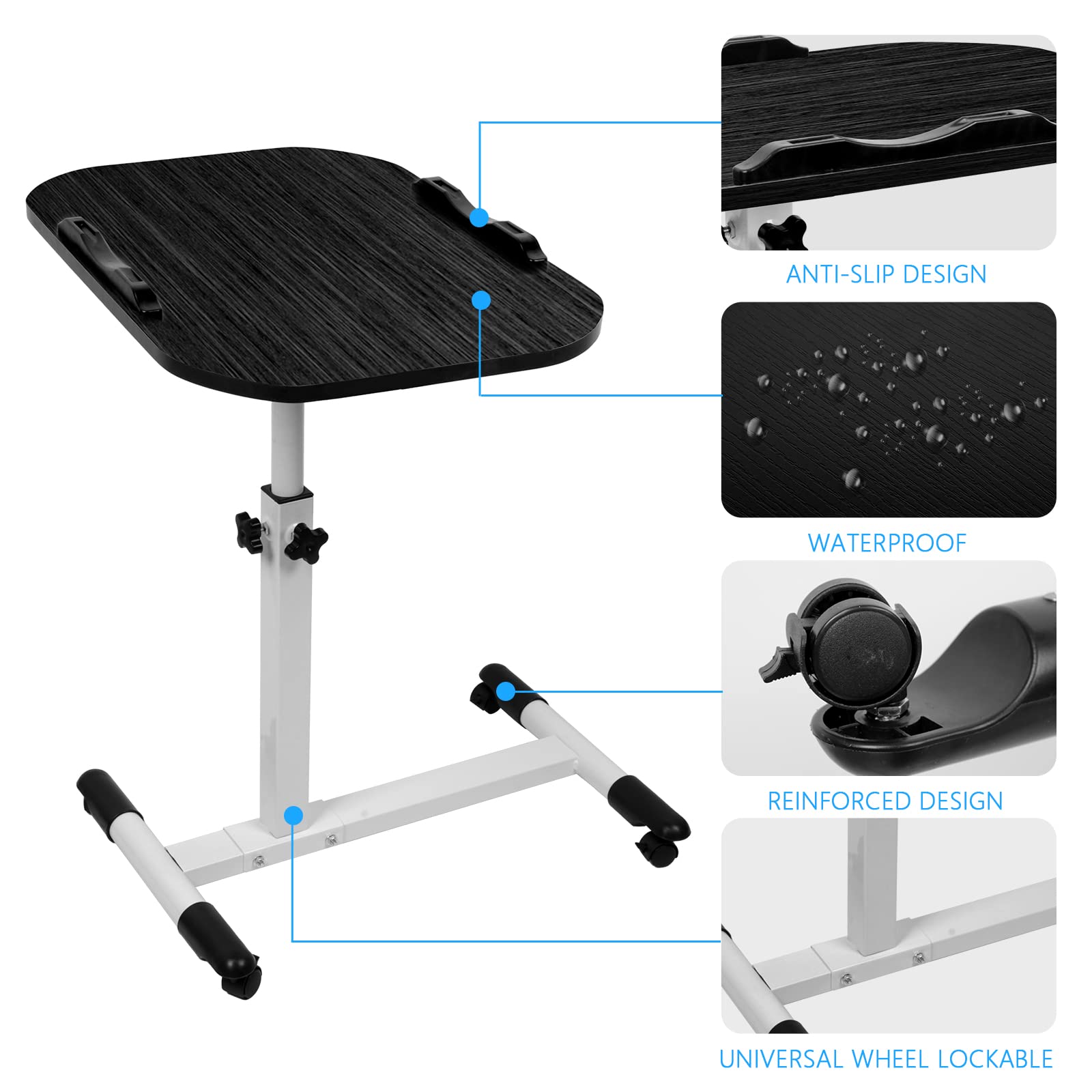 Table de Lit Roulette, 60 x 40 cm, Tablette Médicale Réglable Table d'Appoint de Lit à roulettes, Hauteur Réglable 61-95CM, Bureau Pliable, 360° Bureau D'ordinateur Levage Rotatif