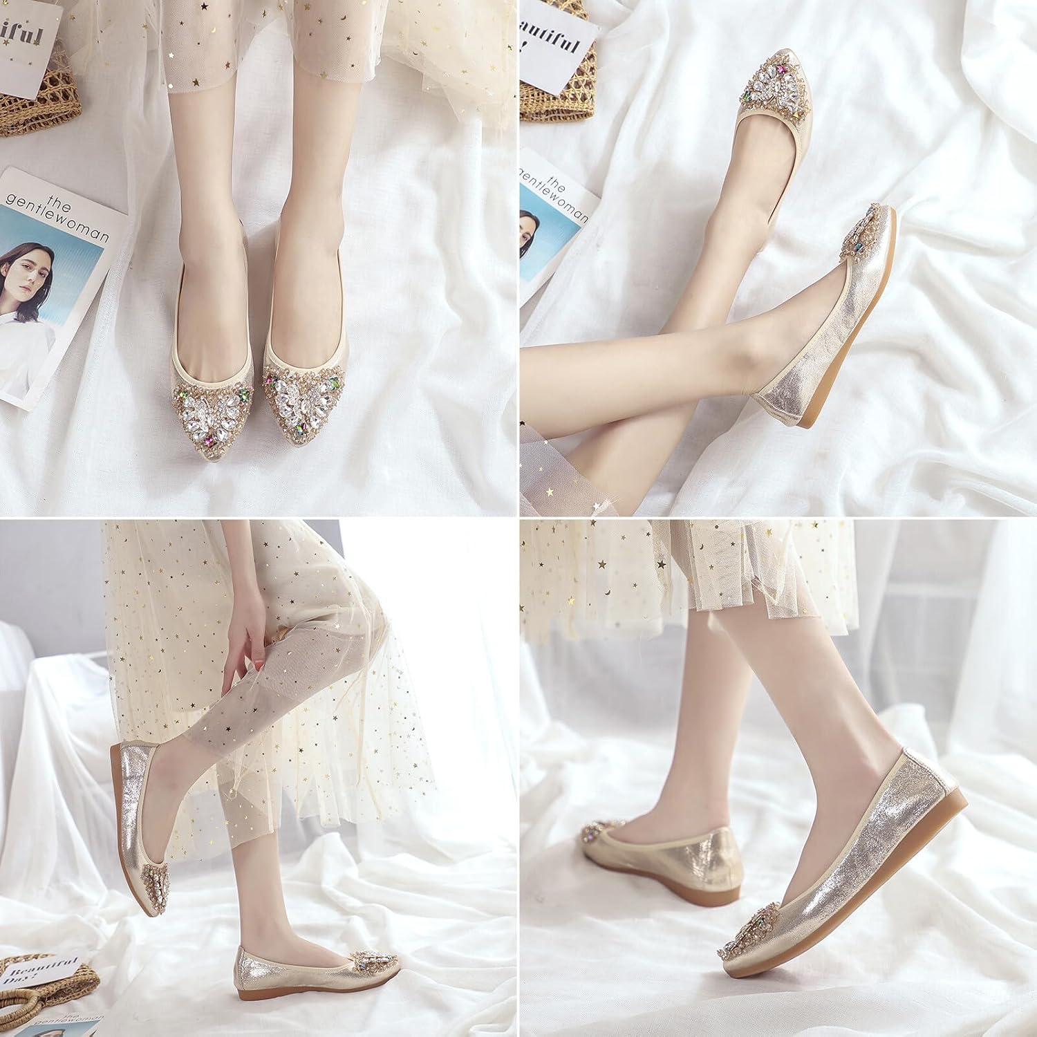 KUNWFNIX Women Ballet Flats Rhinestone Wedding Ballerina Shoes Foldable Sparkly Comfort Slip on Flat Shoes - Image 2