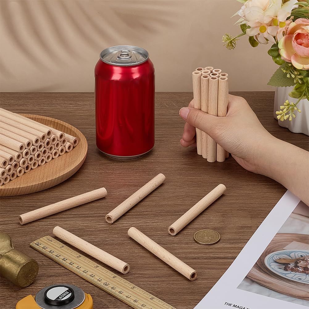 FINGERINSPIRE 50Pcs Hollow Wood Sticks, 3.9x0.4 Inch Wheat Color Column Shape Natural Wooden Dowel Rod with 6mm/0.2inch Hole Unfinished Beech Wood Rods for DIY Crafts Arts Projects