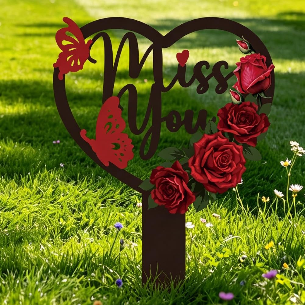 PRESSINART Miss You Grave Decorations for Cemetery 8.7 x 5.9 x 0.04 Inch Rose Butterfly Design, Memorial Flower Stakes Black Metal Grave Markers Sympathy Plaque for Garden Decoration