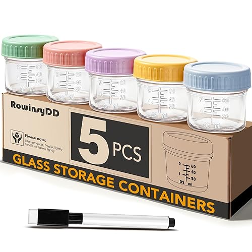 Paquete de 5 recipientes de vidrio para almacenamiento de alimentos para bebés, tarros de comida para bebés a prueba de fugas de 4 onzas con tapas,