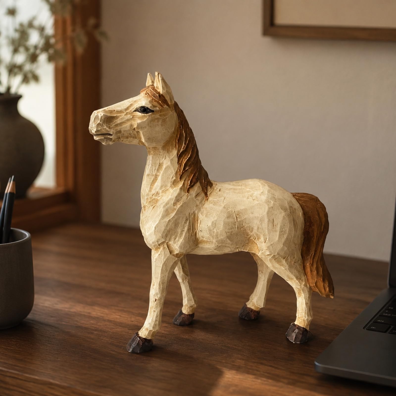 Qianly Figurine en Bois Tilleul Sculptée Décoratif Figurine BT à Quatre Jambes Peinte à la Main pr Bureau, Rouge