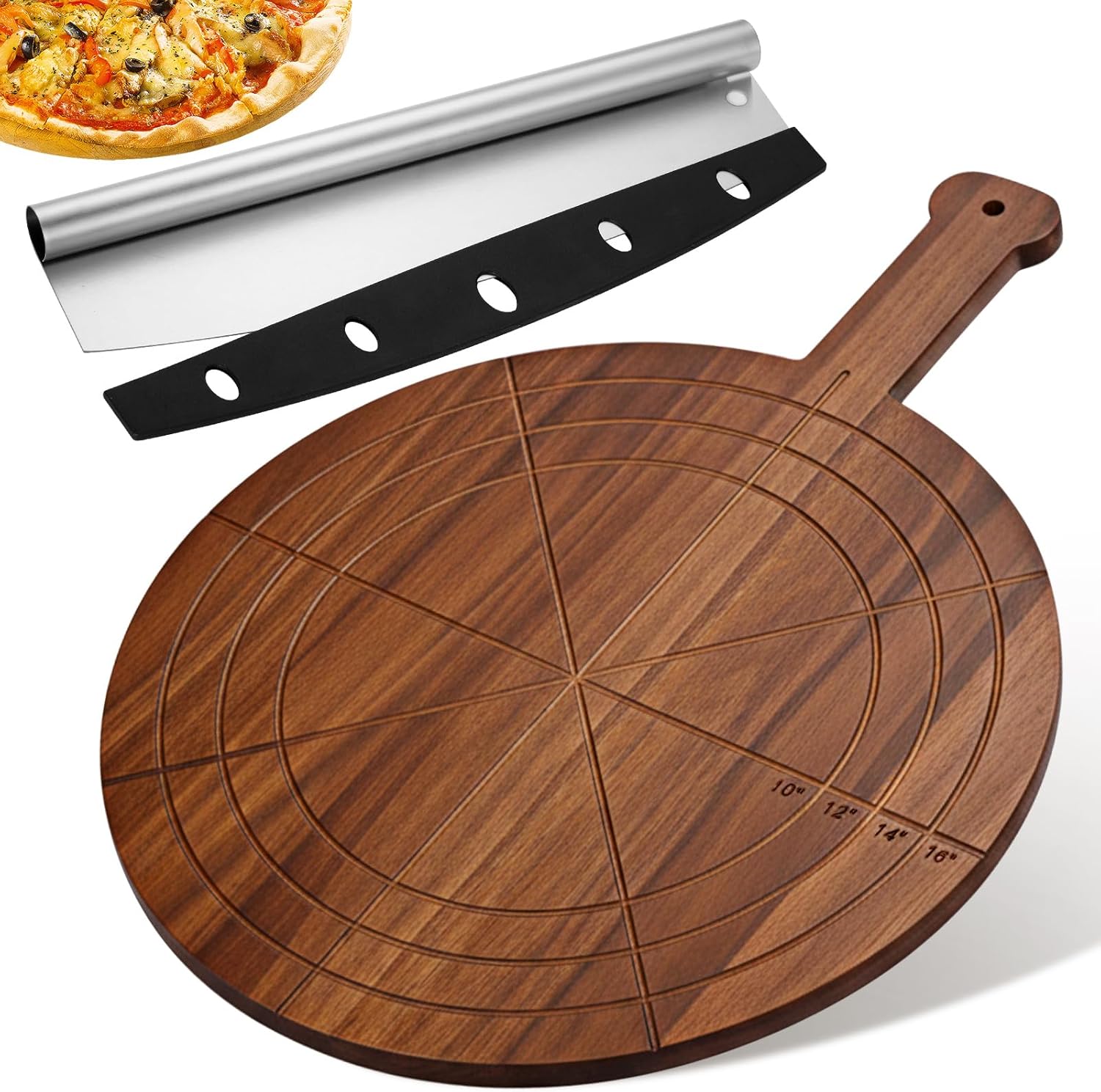Pickmesh Pizza Cutter and Round Pizza Board Gift Set 16 Inch Paddle Cutting Board with Handle Stainless Steel Food Slicer Acacia Wooden Tray Platter with Engraved Sizes for Cutting Baking