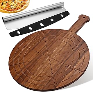 Pickmesh Pizza Cutter and Round Pizza Board Gift Set 16 Inch Paddle Cutting Board with Handle Stainless Steel Food Slicer Acacia Wooden Tray Platter with Engraved Sizes for Cutting Baking