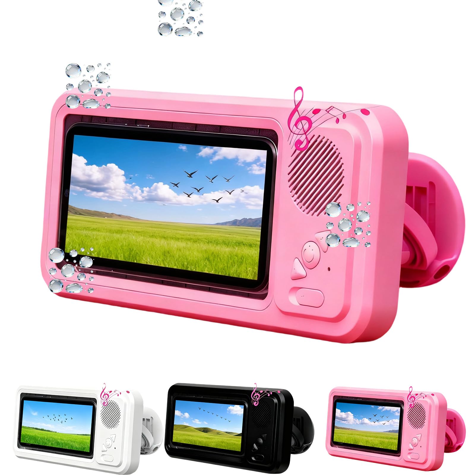 Waterproof Phone Holder with Speaker, Shower Phone Holder Waterproof, Shower Phones Holder with Wireless Bluetooth Speaker with 360° Rotation Ipx4 Waterproof, 60° Fixed Opening Angle (Pink)