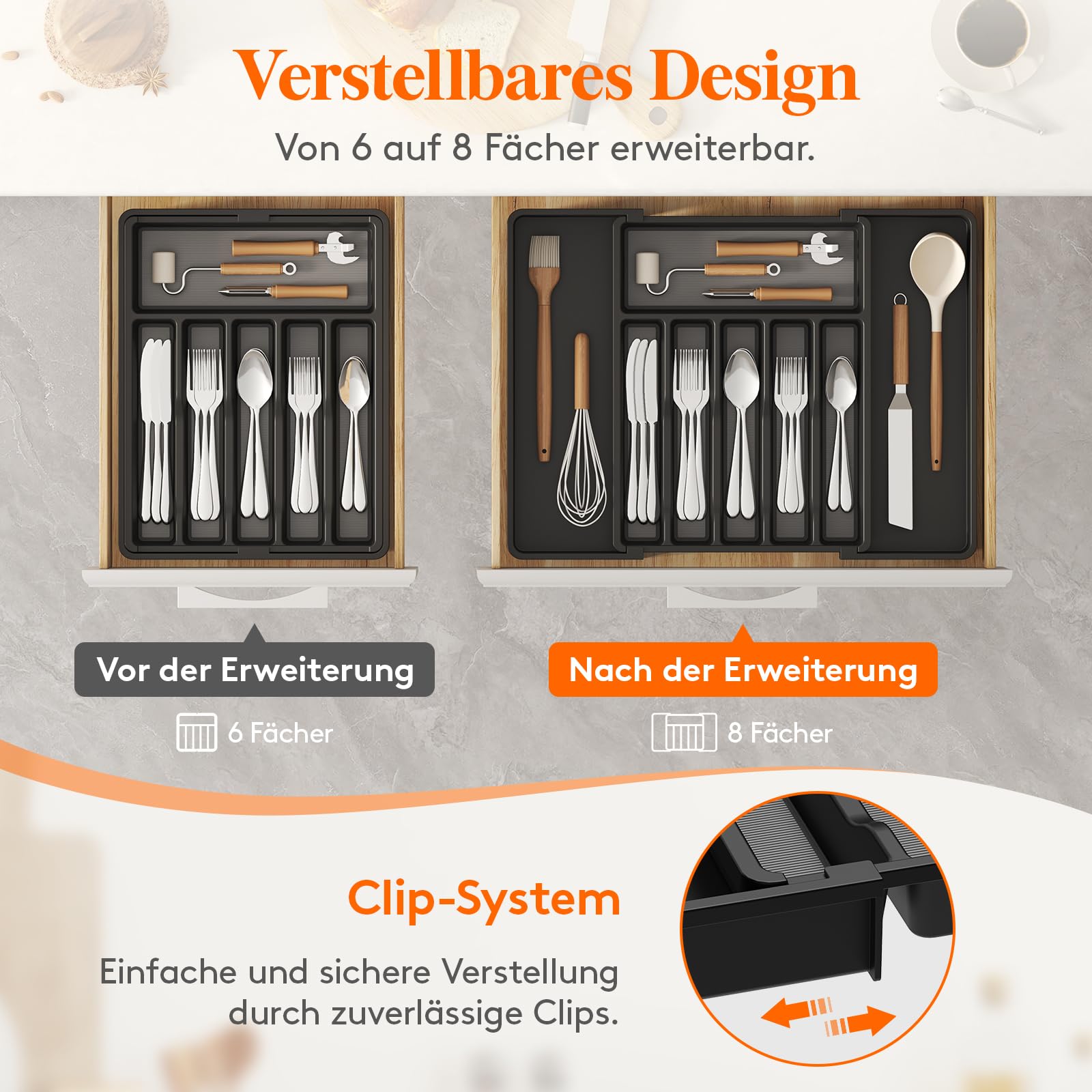 Lifewit Besteckkasten für Schubladen mit Rutschfestes TPR, verstellbarer Kunststoff Organizer Küche Tiefe 42,4 cm, erweiterbar bis 57 cm, Besteckeinsatz für Löffel/Messer, Schwarz & Grau
