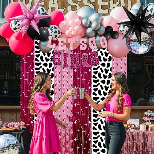Miniatura 8 de Decoración de fiesta de vaquera rosa intenso con globos de aluminio de estrella de disco plateados, pancarta de oropel para niñas, telón de fondo