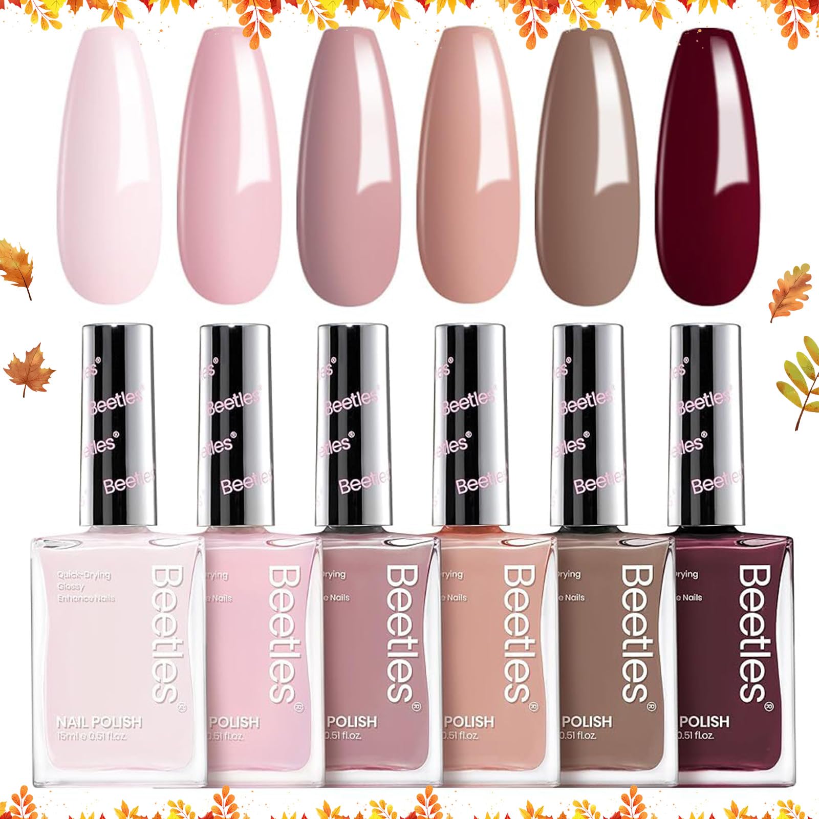 Beetles - Juego de 6 esmaltes de uñas color nude, mousse de coco, de secado rápido, color rosa, de larga duración, neutro, marrón, rojo, borgoña, esmalte oscuro, brillante, para resultados de calidad