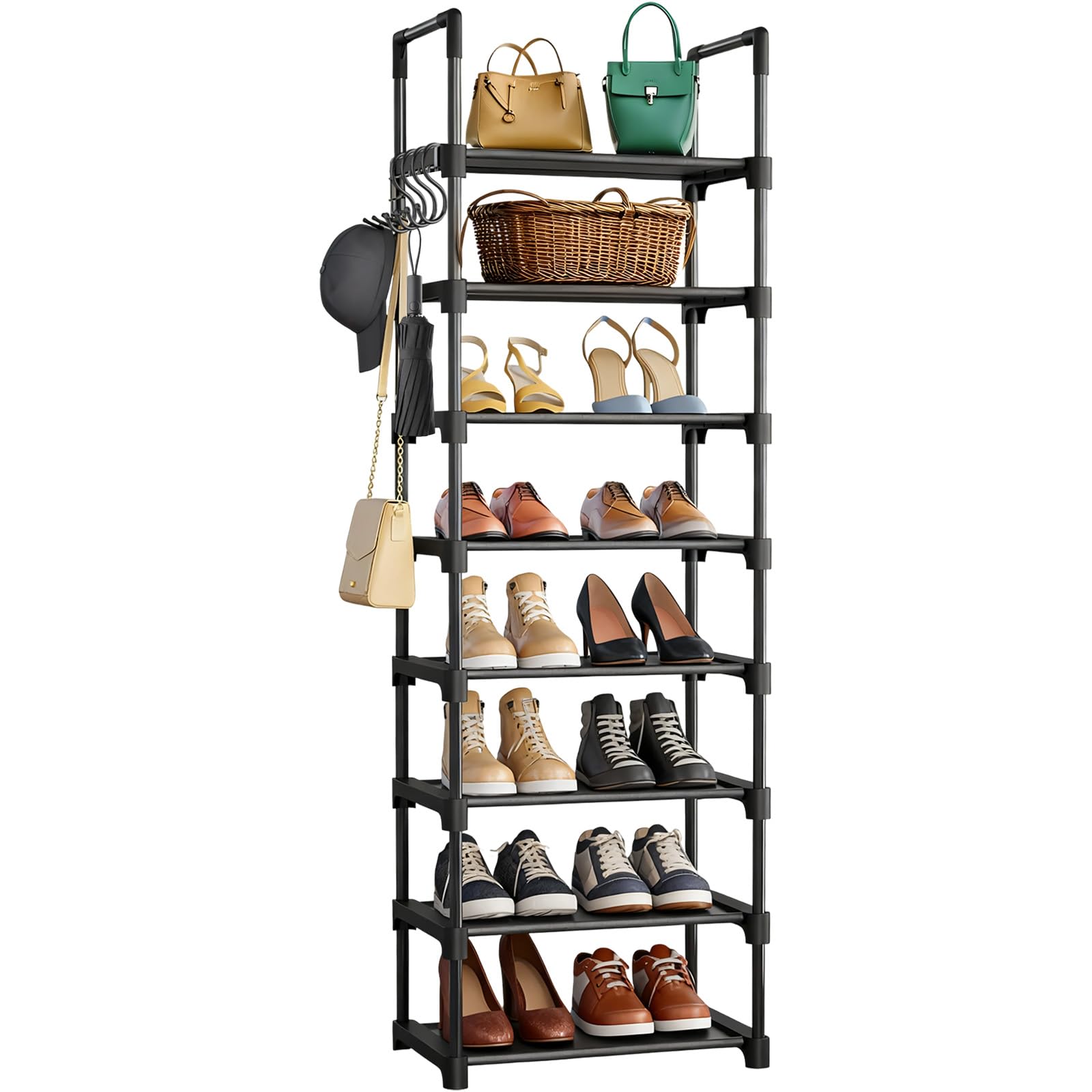 10 Tier Tall Shoe Rack with 5 Hooks, Holds 20-25 Pairs Shoes Small Metal Storage Organiser, Space Saving Stackable Slim Shoes Shelf, Vertical Narrow Shoe Shelves for Closet, Entryway, Hallway, Bedroom