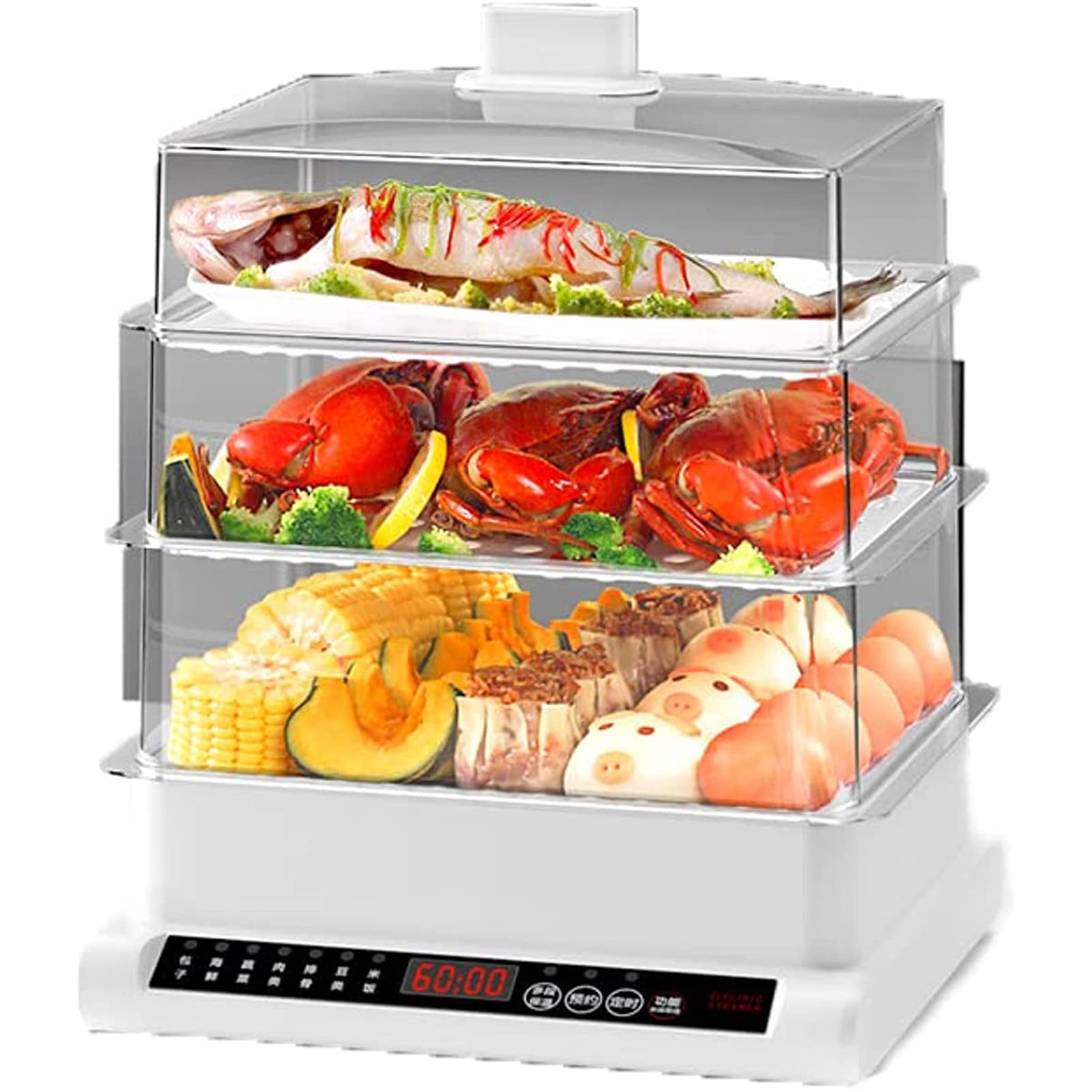 Vaporiera a 3 Livelli, Multi-fornello da 20 Litri, Cottura Rapida Simultanea in 60 Minuti, 7 modalità di Cottura Preimpostate, Cestelli Impilabili per Verdure O Carne, 800 W