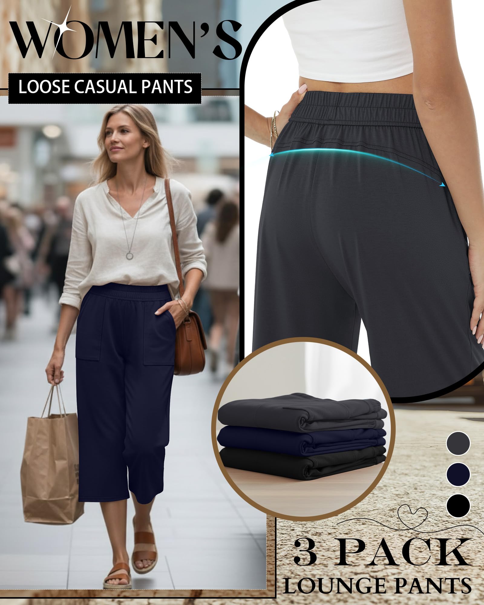 Neer Lot de 3 capris capris en coton pour femme - Pantalon de yoga confortable à jambe large et décontractée avec poches