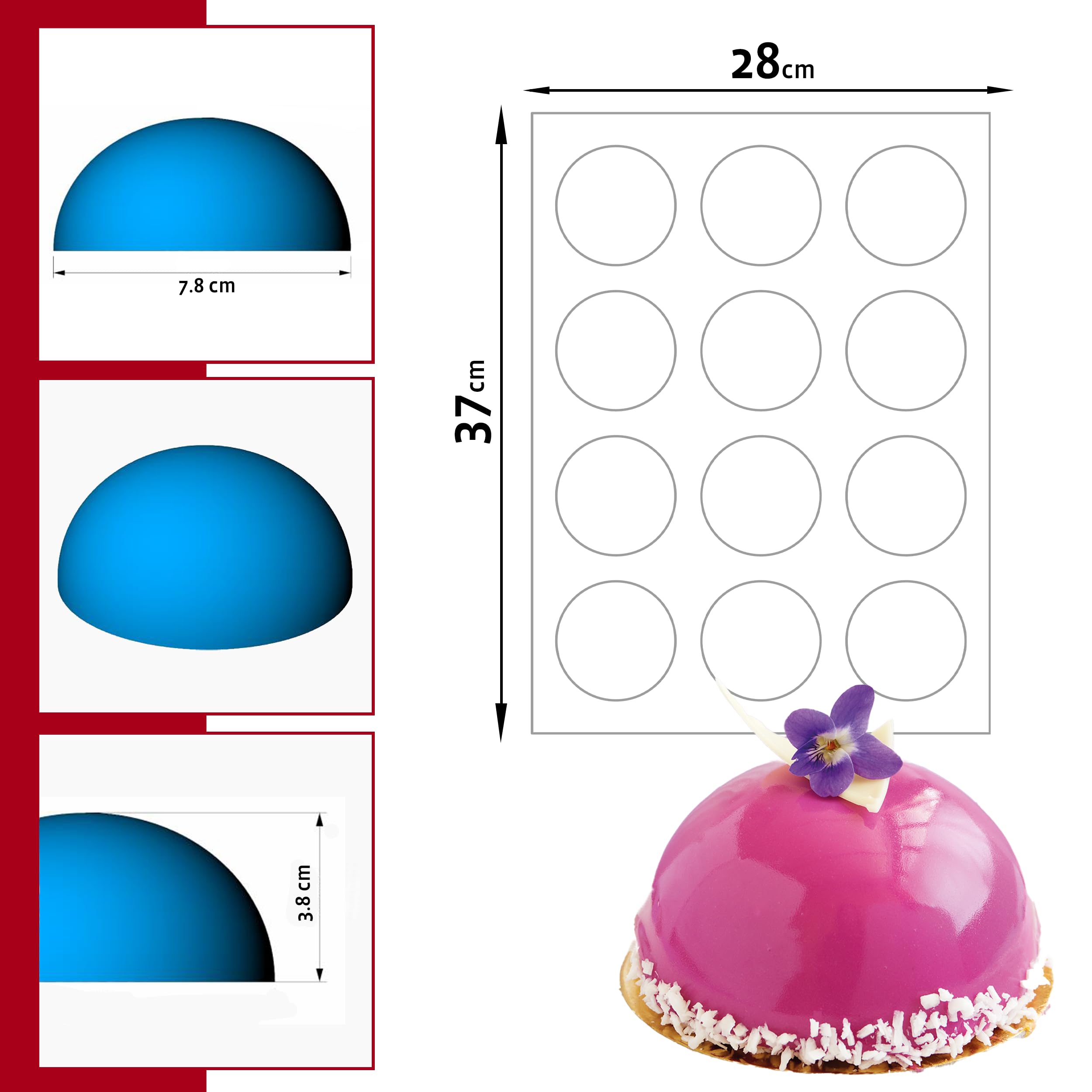 Maé Innovation Moule silicone 40x30cm - 12 dômes ø7,8x3,8cm - Antiadhésif - 100% Premium - Made in France