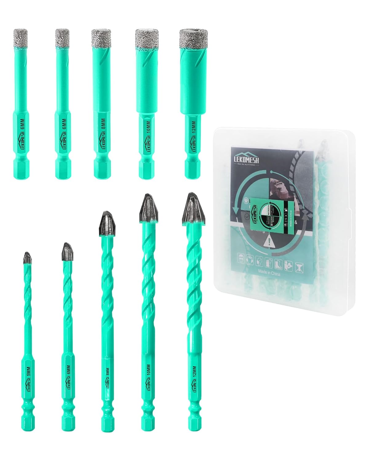 10PCS Nine Blades Serrated Carbide Masonry Drill Bit Set - 2 x 1/4",5/16",3/8",1/2" Tile Bits & 3/16",1/4",5/16",3/8",1/2" Wood Drill Bits for Wood Plastic Masonry Brick Tile Glass Concrete Marble