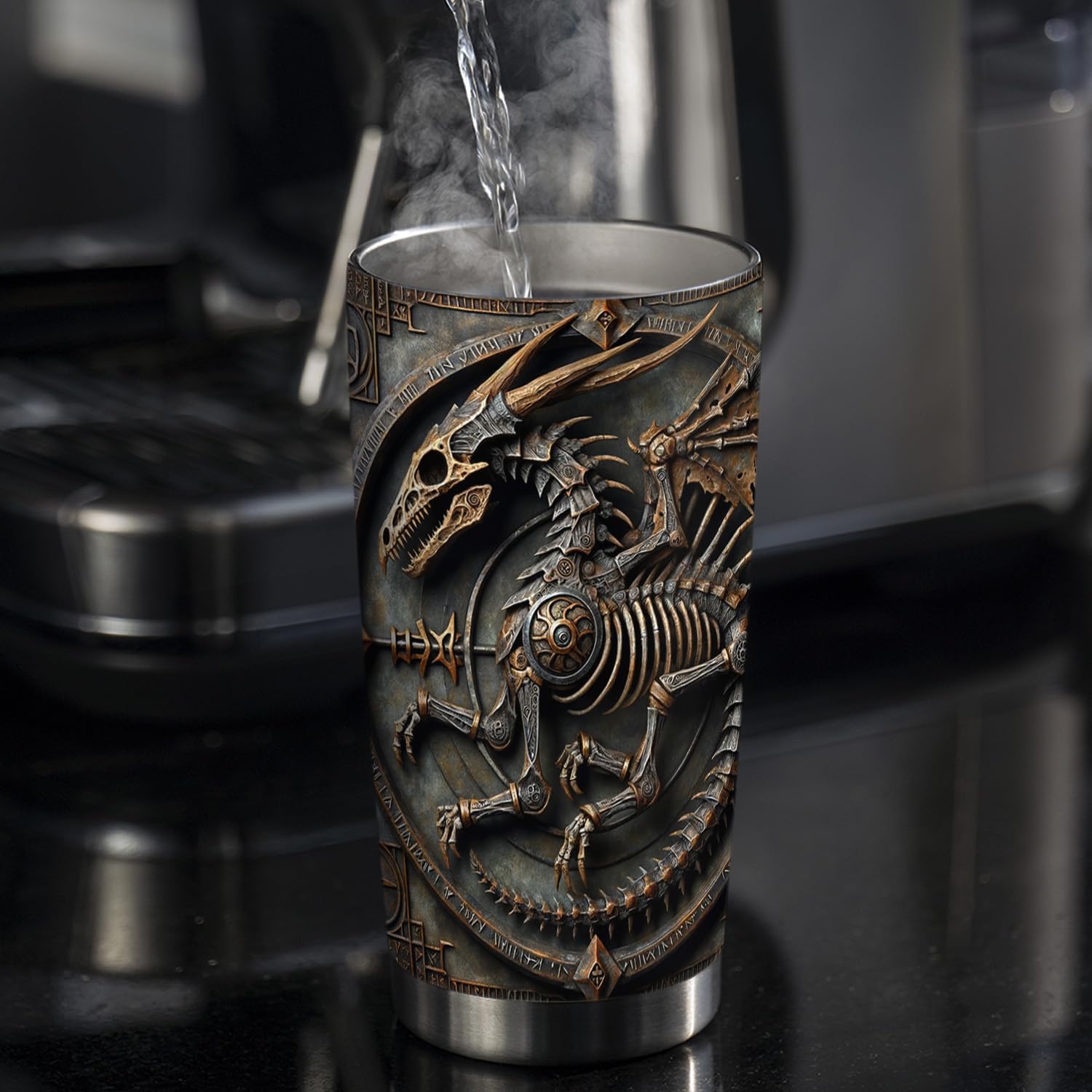 20oz Viking Dragon Fossil Tumbler, Norse Mythology, Viking Gifts for Men, Gaming, Gamers Gifts, Stainless Steel Double Wall Vacuum Insulated Coffee Mug, Travel Cup with Lid