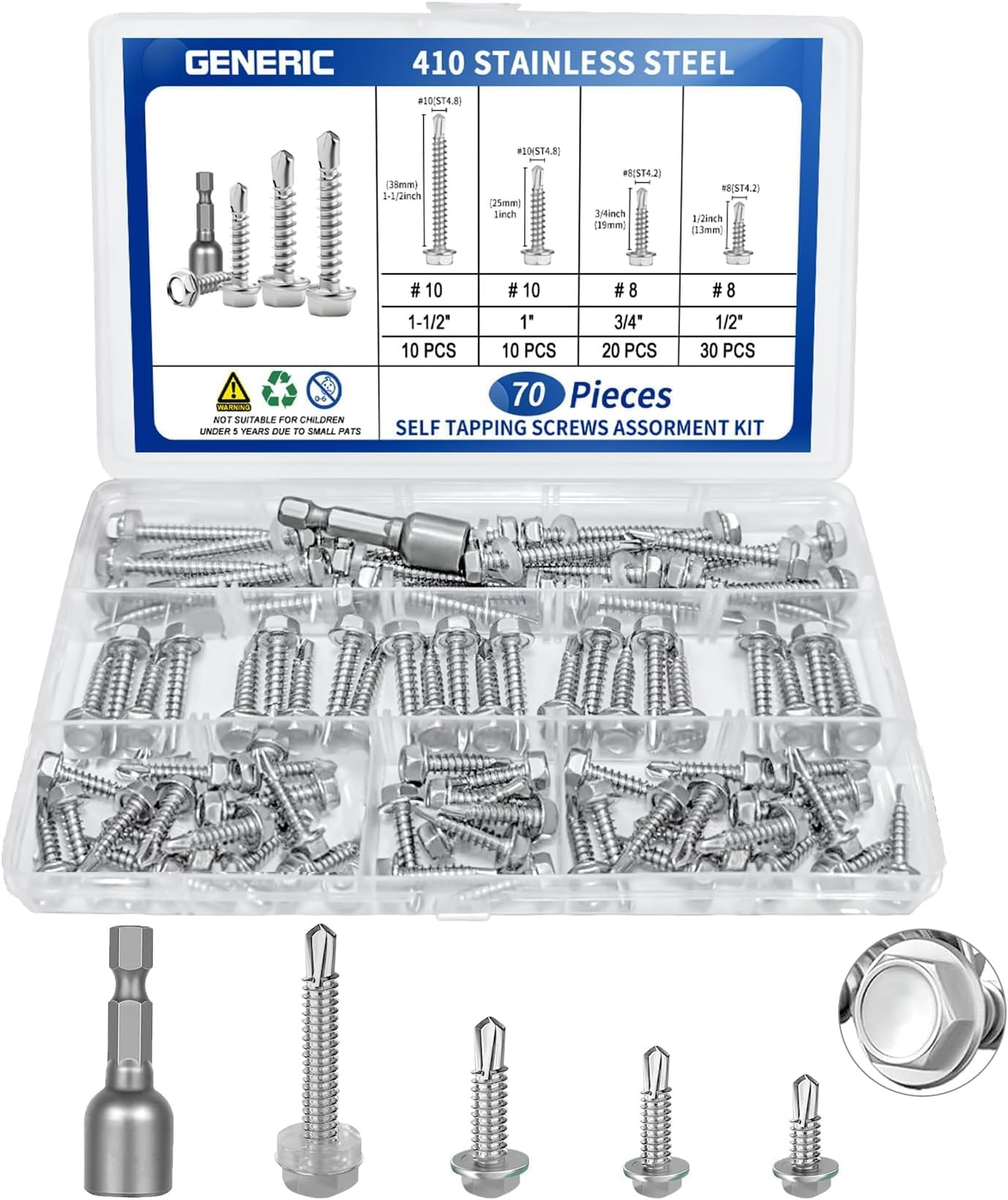 70Pcs #8#10 Hex Washer Head Self Tapping Screws 410 Stainless Steel Self Drilling Screws,Hex Washer Head Sheet Metal Screws Suitable for Wood, Metal or Tough Materials 1/2" 3/4" 1" 1-1/2"