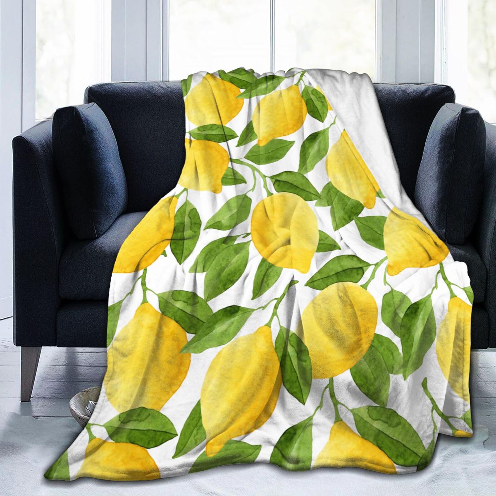 Lemon Yellow Green Watercolor Blanket, Soft Blankets Flannel Bed Throw Cozy Lightweight Plush Gifts for Women Men Boys Girls Kids Sofa Couch Bedroom