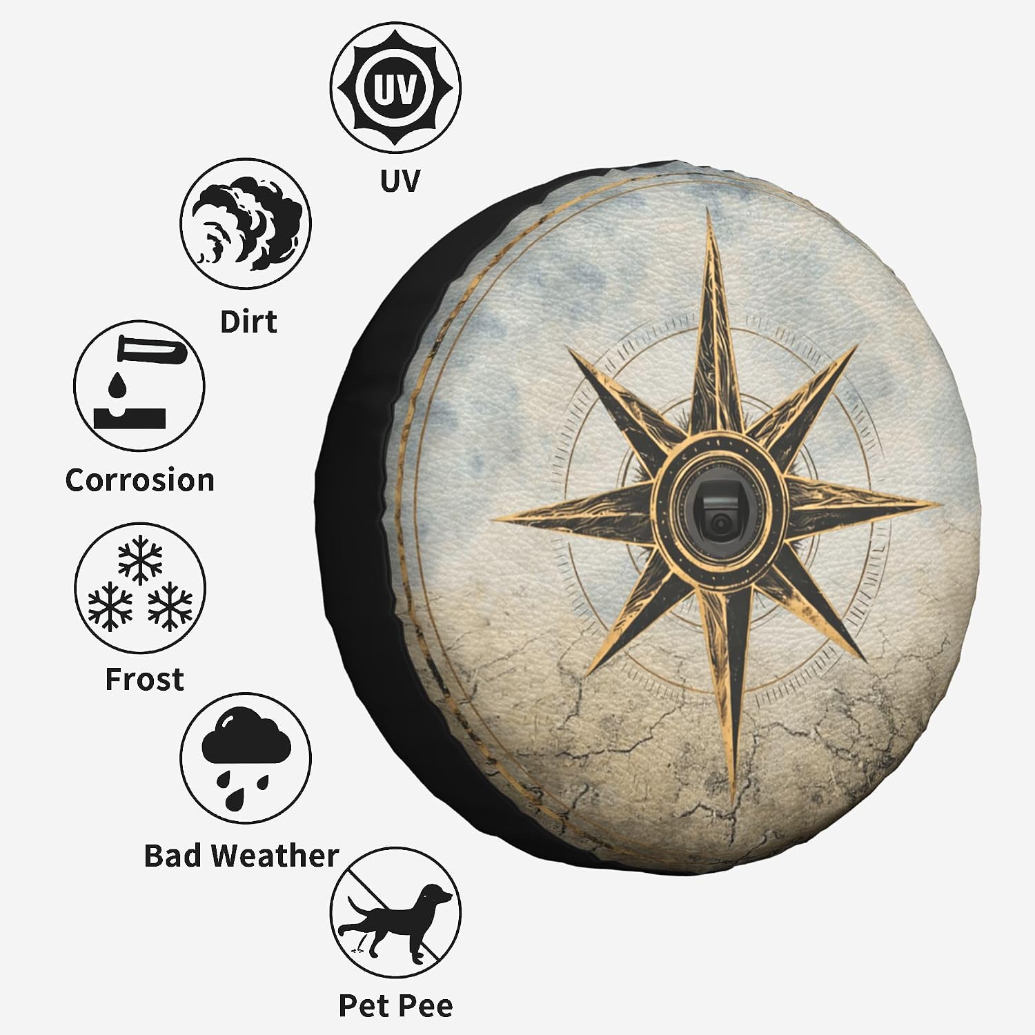Retro Compass Rose Spare Tire Cover with Back-up Camera Hole Leather Wheel Cover Tire Protector for Wrangler JL, 17 inch