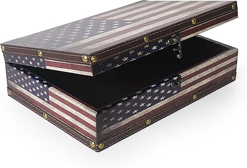 Caja de almacenamiento de madera de la bandera estadounidense, caja del tesoro vintage con pestillo, cajas decorativas de recuerdo para regalos y