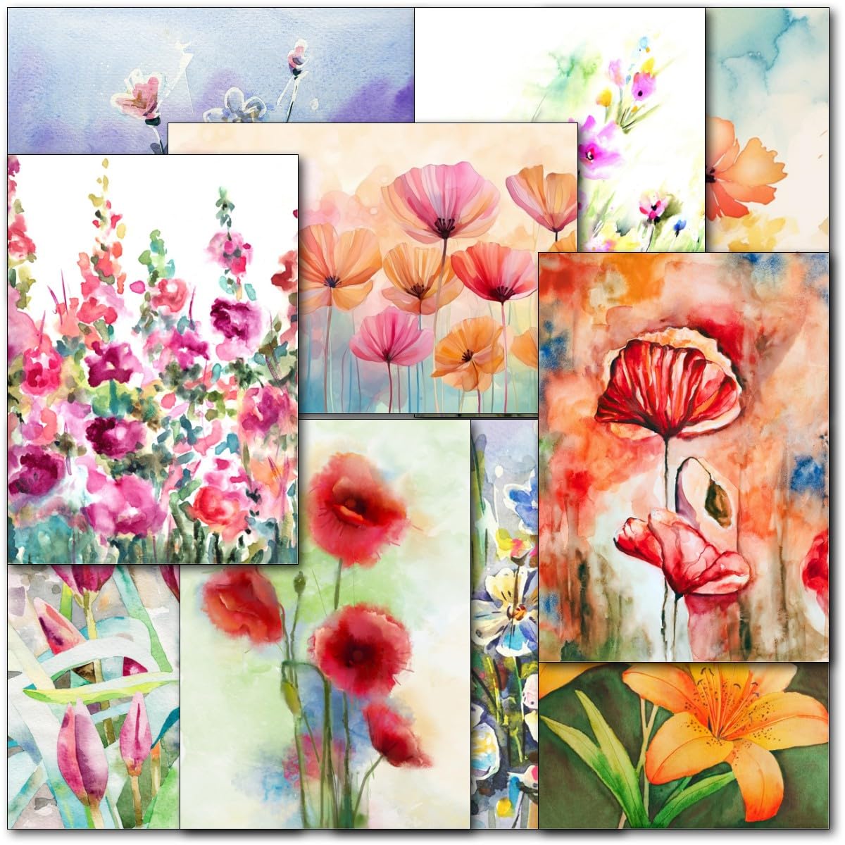 Birthday Watercolor Floral Cards, 6 Birthday Flower Designs And Wreaths Folded Cards, Happy Birthday Bundle Cards For Her, Elegant Birthday