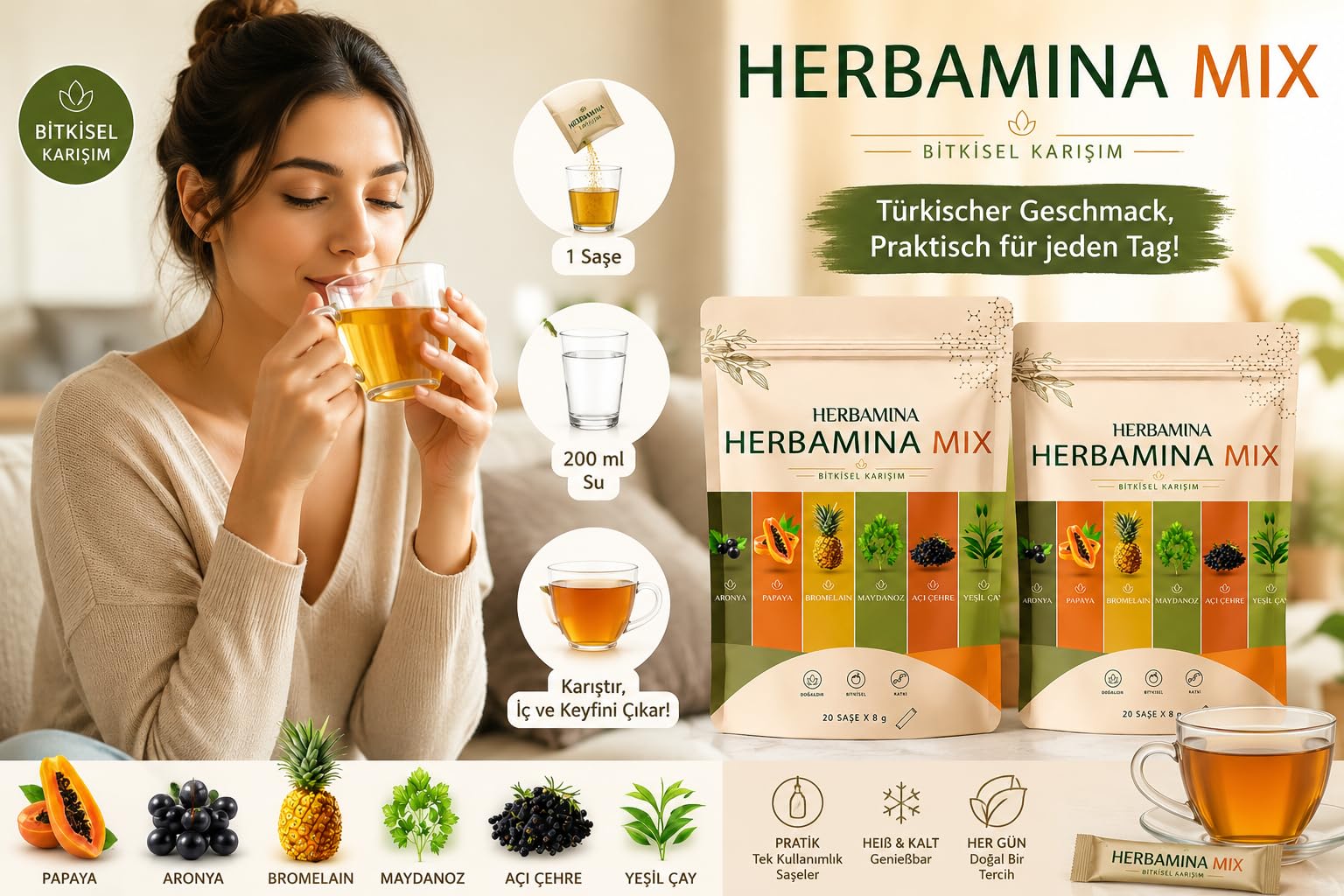 Herbamina Mix Bitkisel Karışım 2er Pack – 2 x 20 Sachets Kräutergetränk Pulver | Türkischer Bitki Çayı Mix | Frucht- & Pflanzenextrakte | Heiß & Kalt Genießbar |