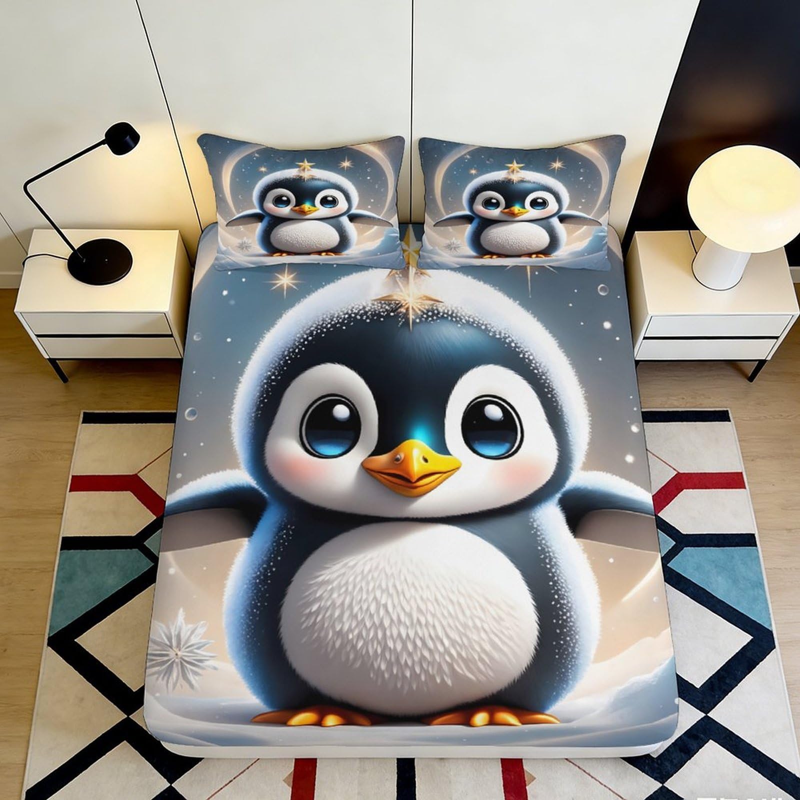 3D Printed Cute Penguin Fitted Sheet Microfiber Soft Breathable Starry Sky Bed Cover for Bedroom Dormitory Guest Room Mattress Protection Decor 90x200x25cm