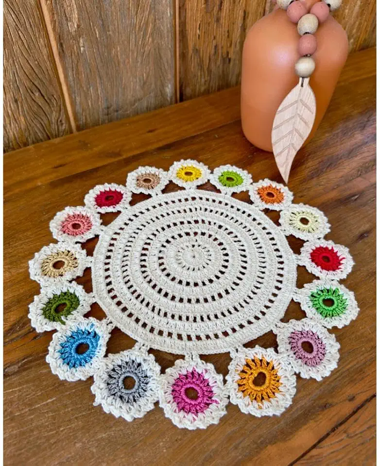 Sousplat Bandeja 37cm Barbante Fino Moeda Colorida Crochê (Tons de Verão)