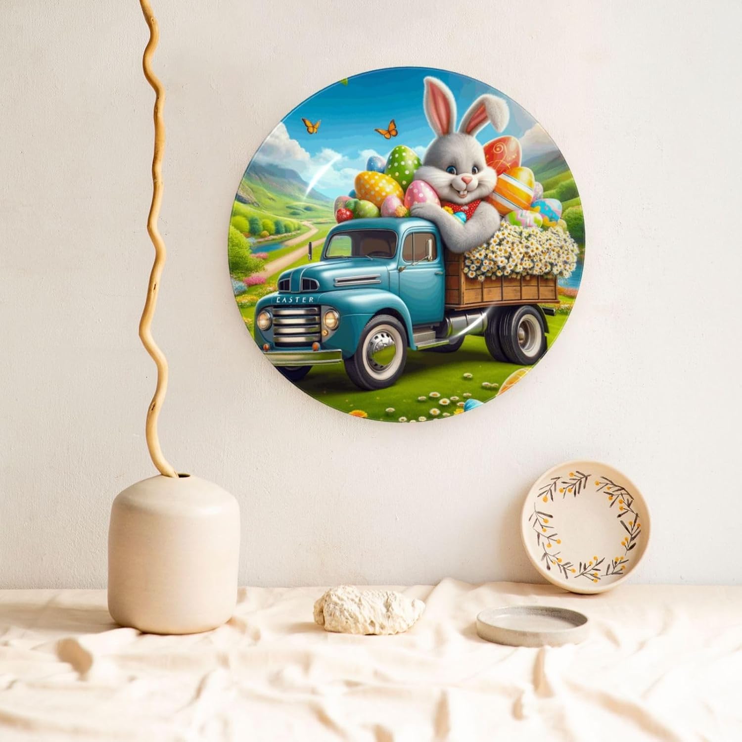 Easter-Rabbit-Daisies-Eggs 10 Inch Decorative Plate With Stand, Elegant Display Wall Plate For Home Decor