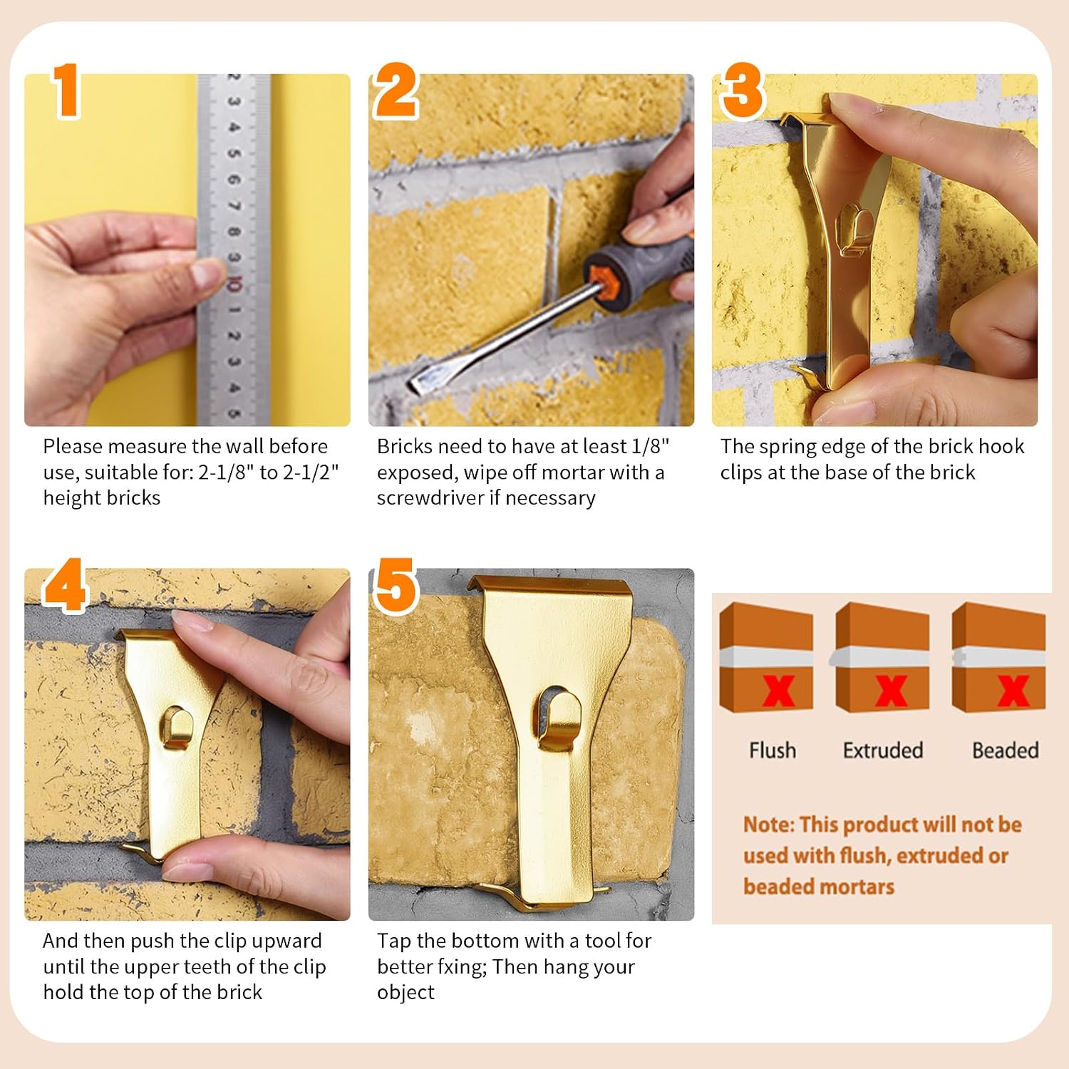 Ripeng 16 Pcs 8 Pcs Brick Wall Clip Hook No Drill for Outdoor, Gold image 5