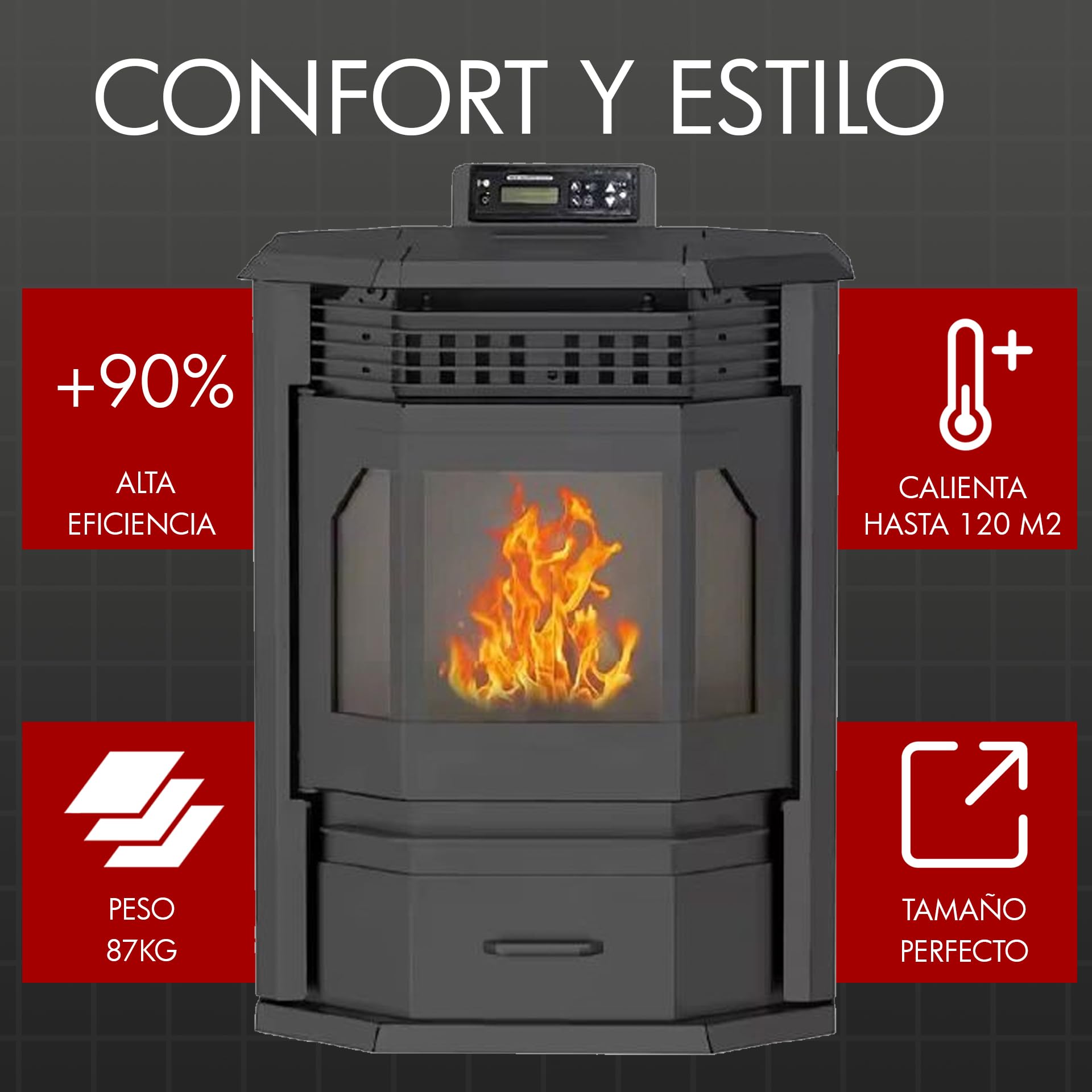 HOME&SOFAS Estufa de Pellet Modelo Rústica, 12 kW, Eficiencia >90%