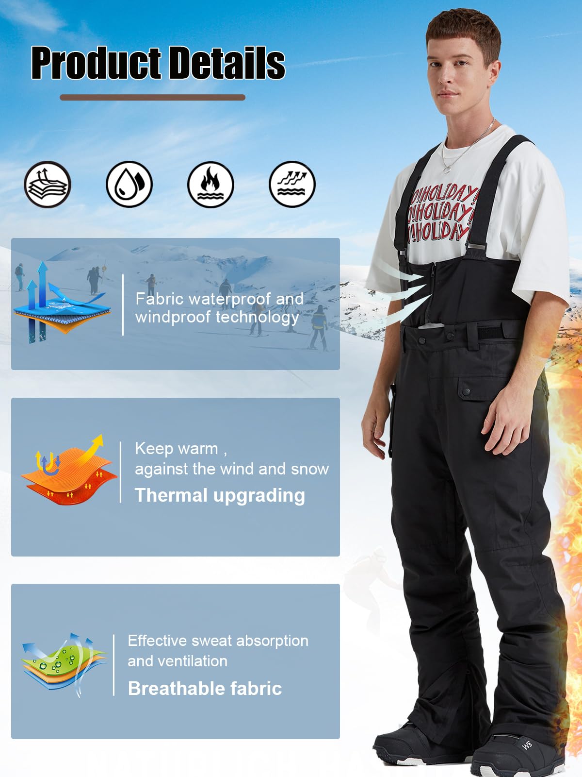 HOUZONIY Herren Skihose Wasserdicht Schneehose Softshellhose Winter Warm Gefüttert Snowboardhose Overall mit VAbnehmbar Träger